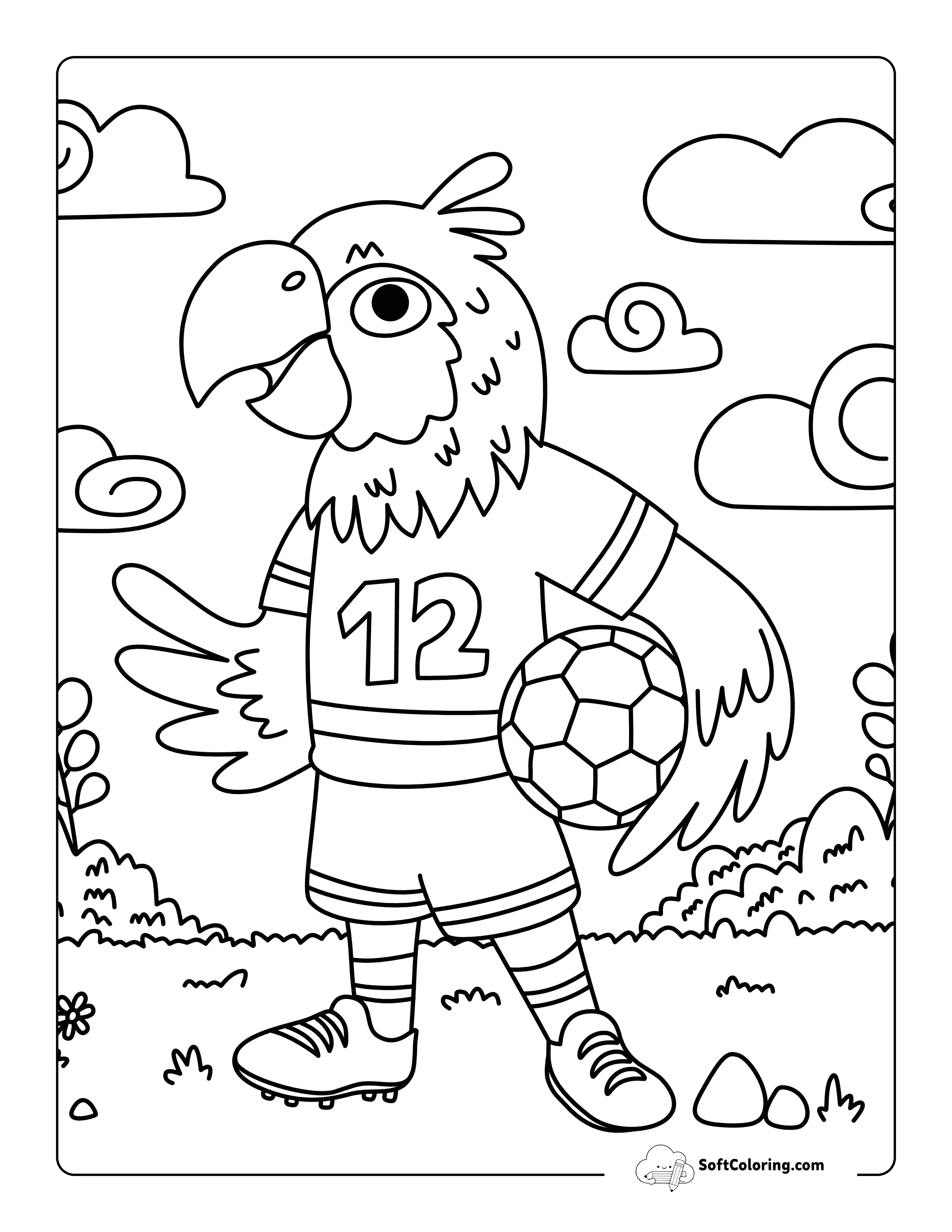 Cute Parrot Soccer Player Holding Ball