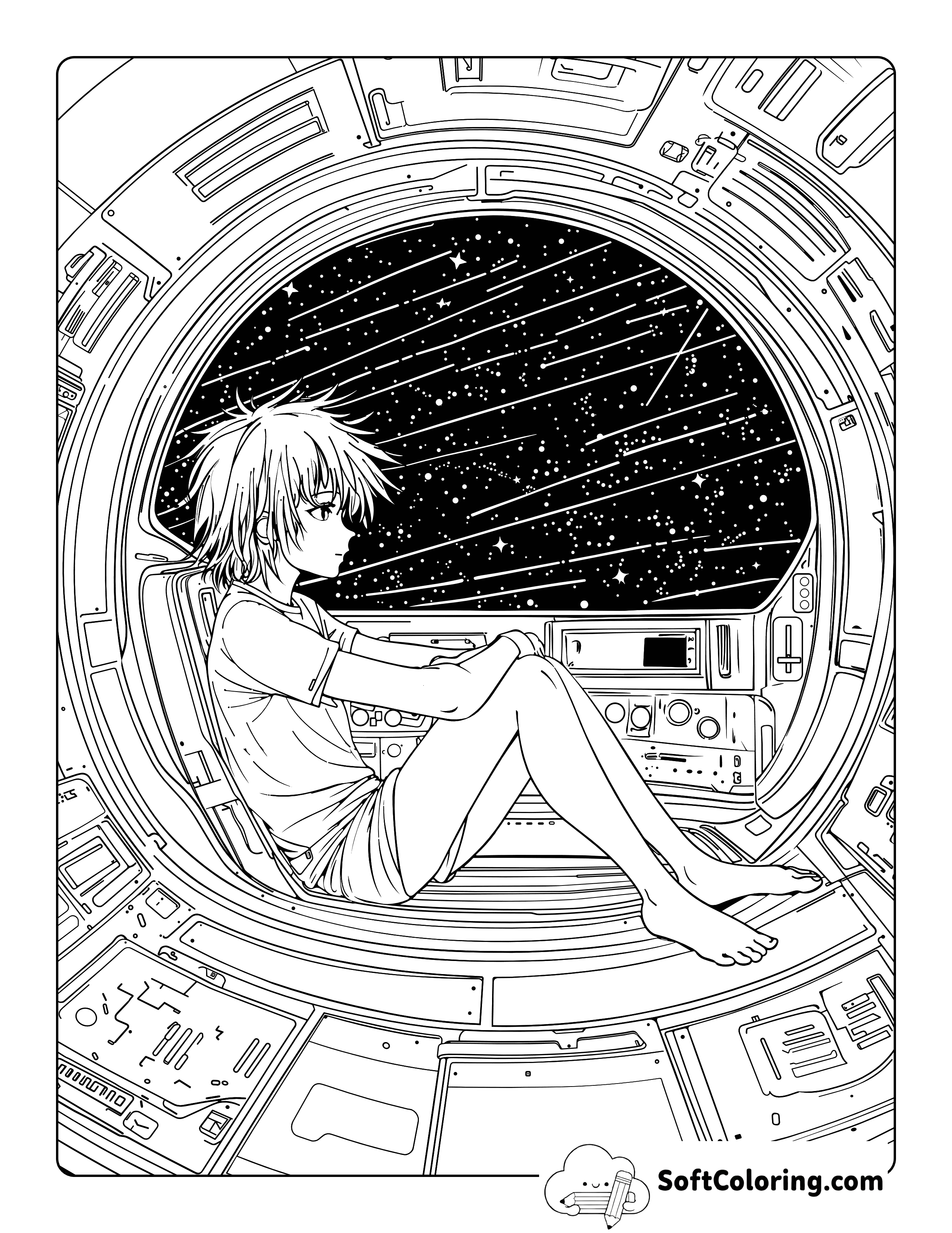 Stargazing from a Spaceship Anime Coloring Sheet