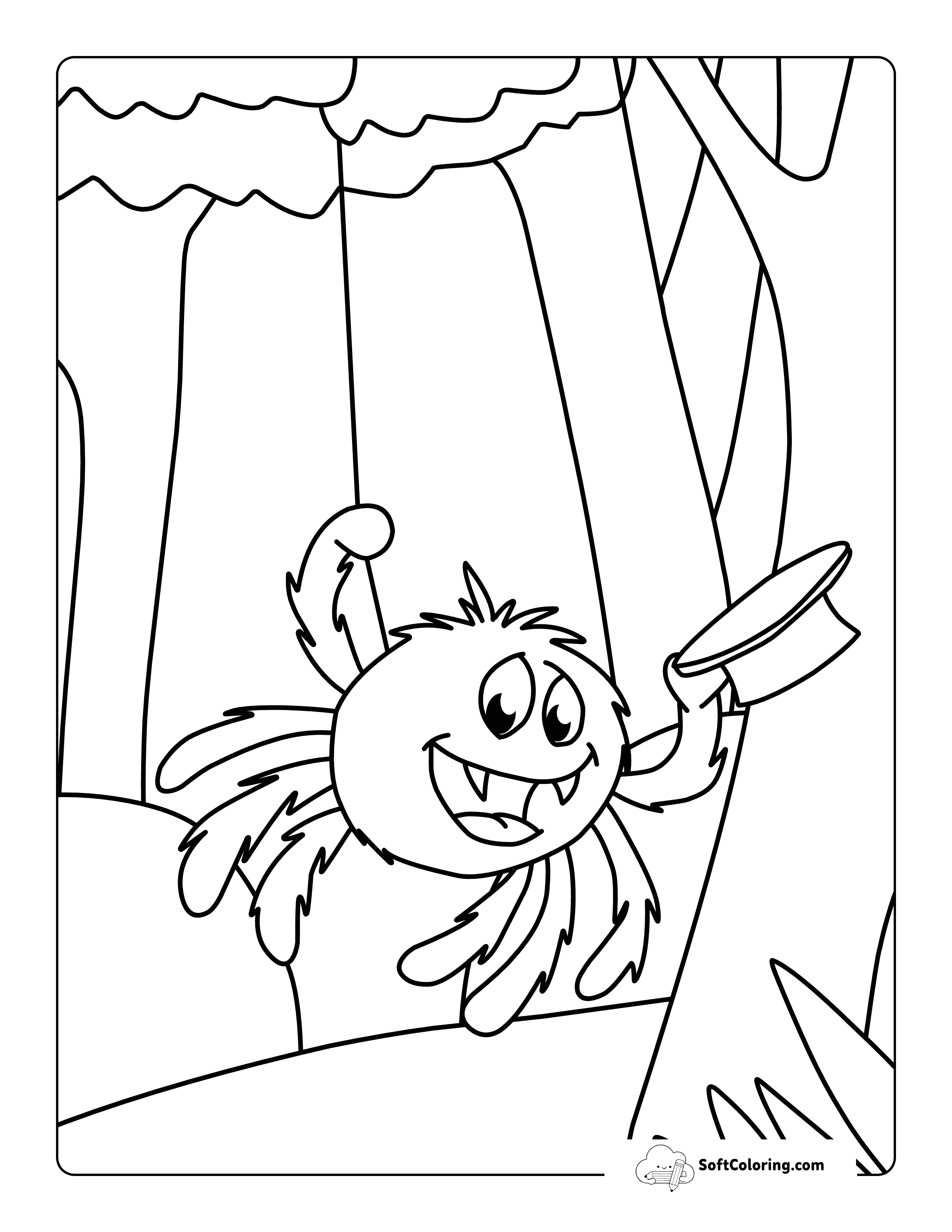 Cute Easy Smiling Spider Holding Top Hat To Color