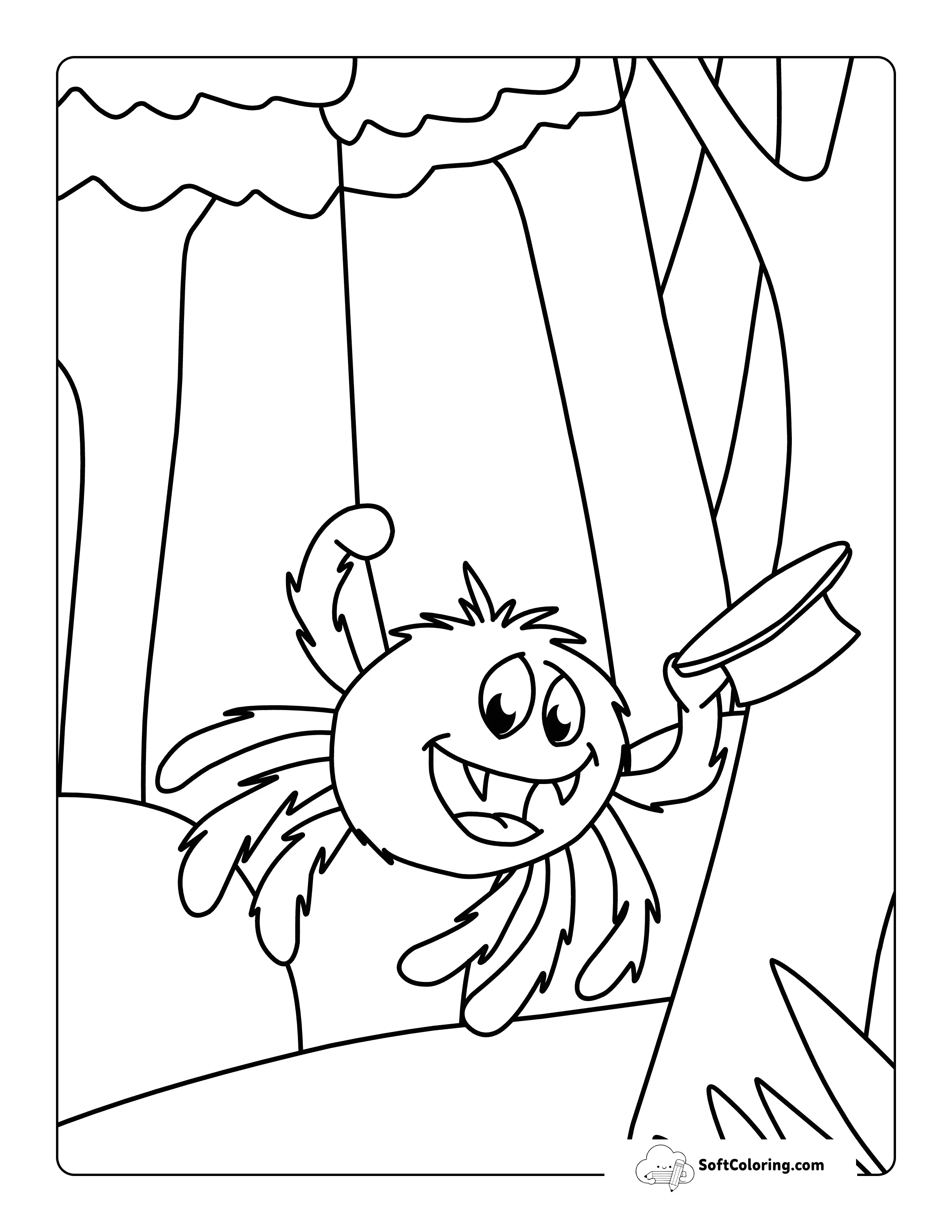 Cute Easy Smiling Spider Holding Top Hat To Color