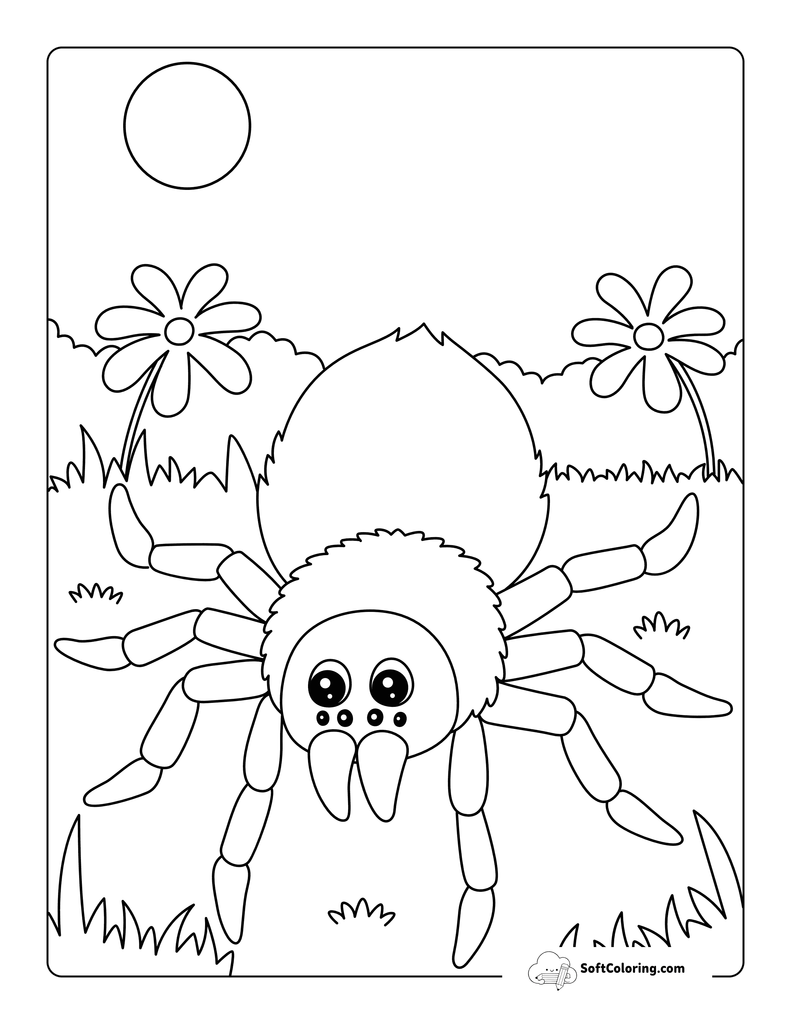 Cute Tarantula In Forest - Easy Spider Coloring Page
