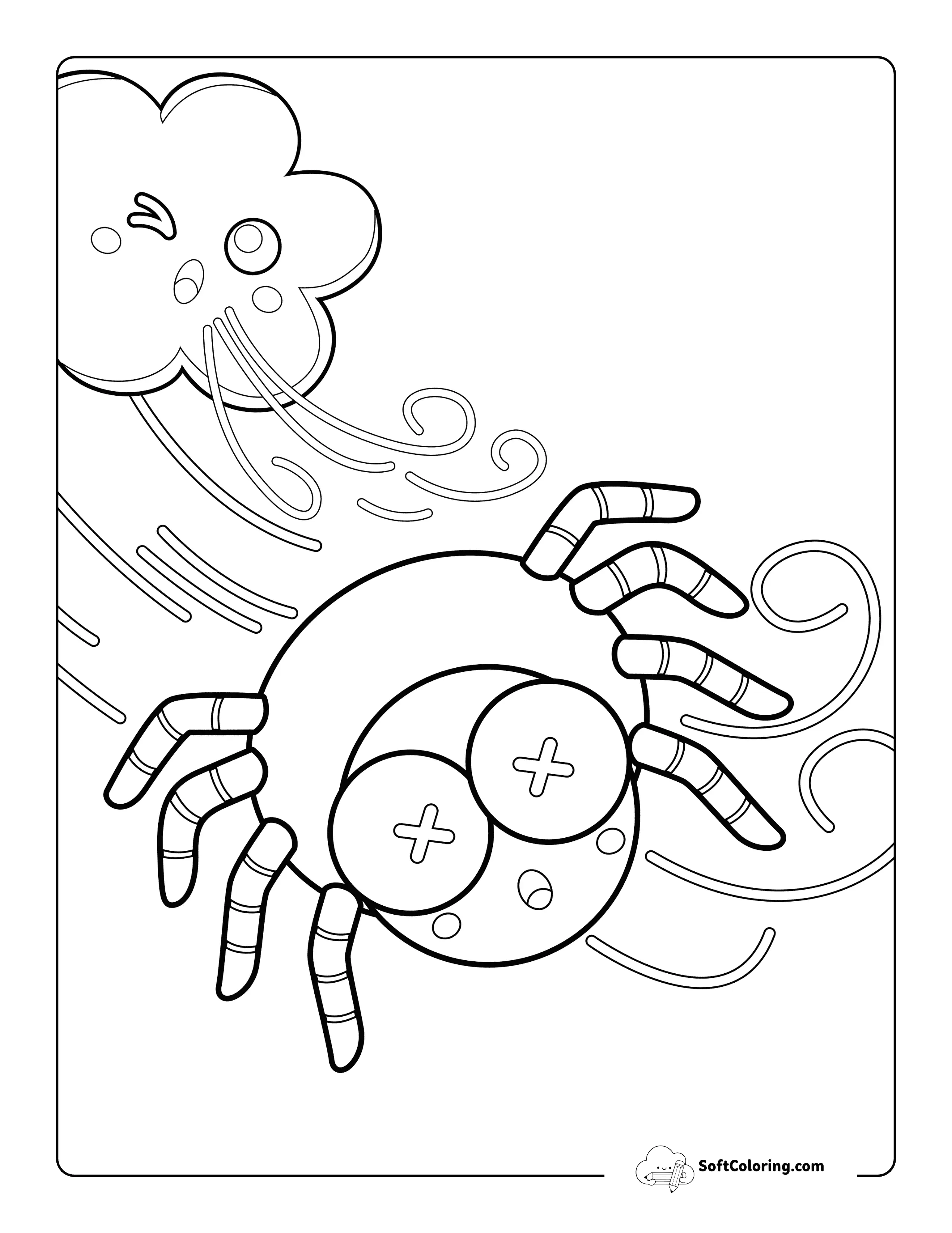 Cute Spider Blown Away In Wind - Easy Coloring Page For Kids