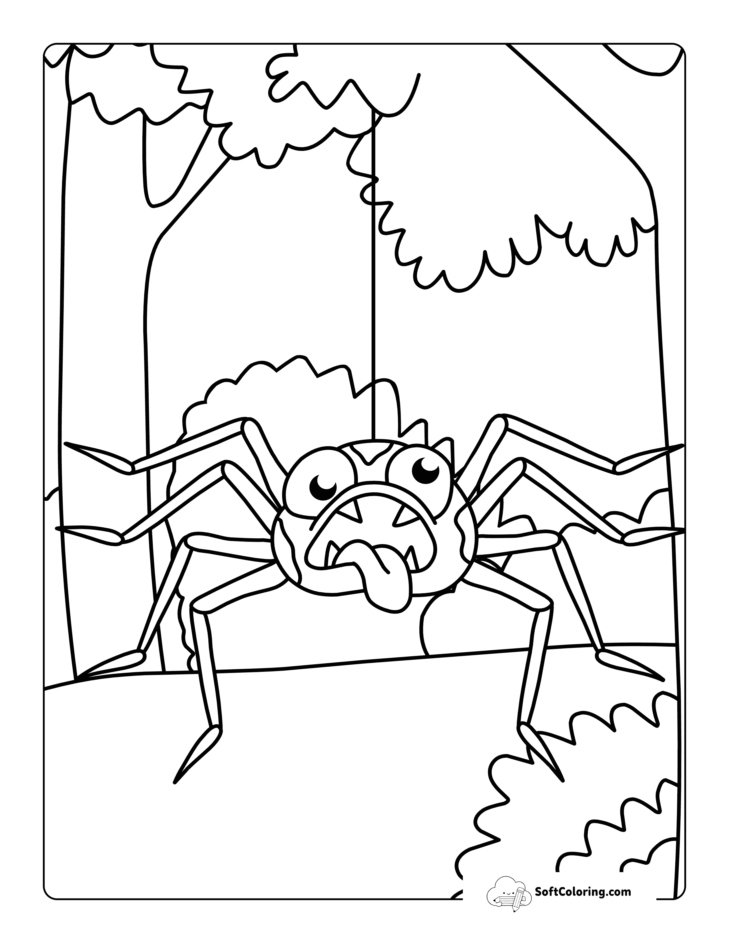 Silly Spider Hanging From Web - Coloring Page For Kids