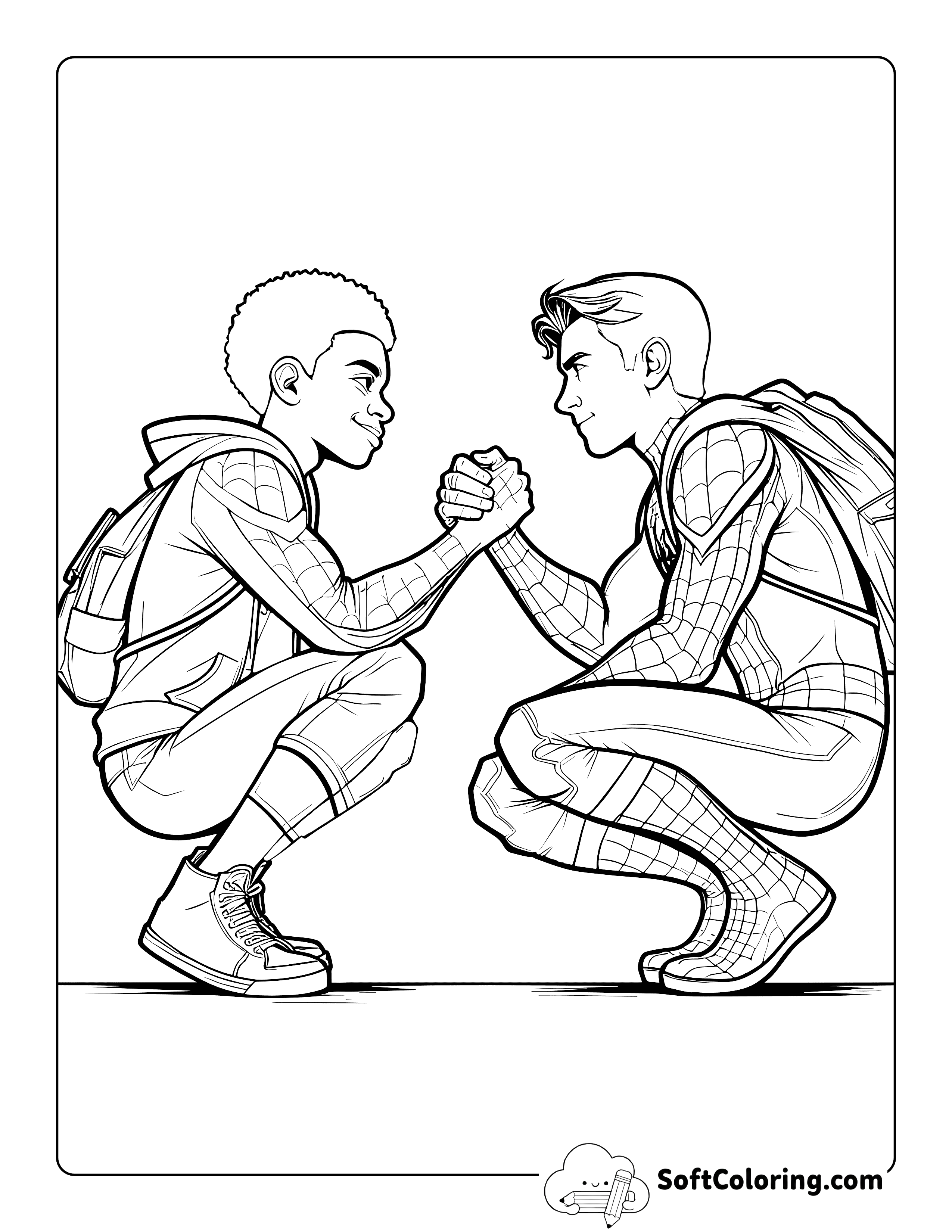 Mile Morales-Inspired Character Fist Bumping with Peter Parker-Inspired Character