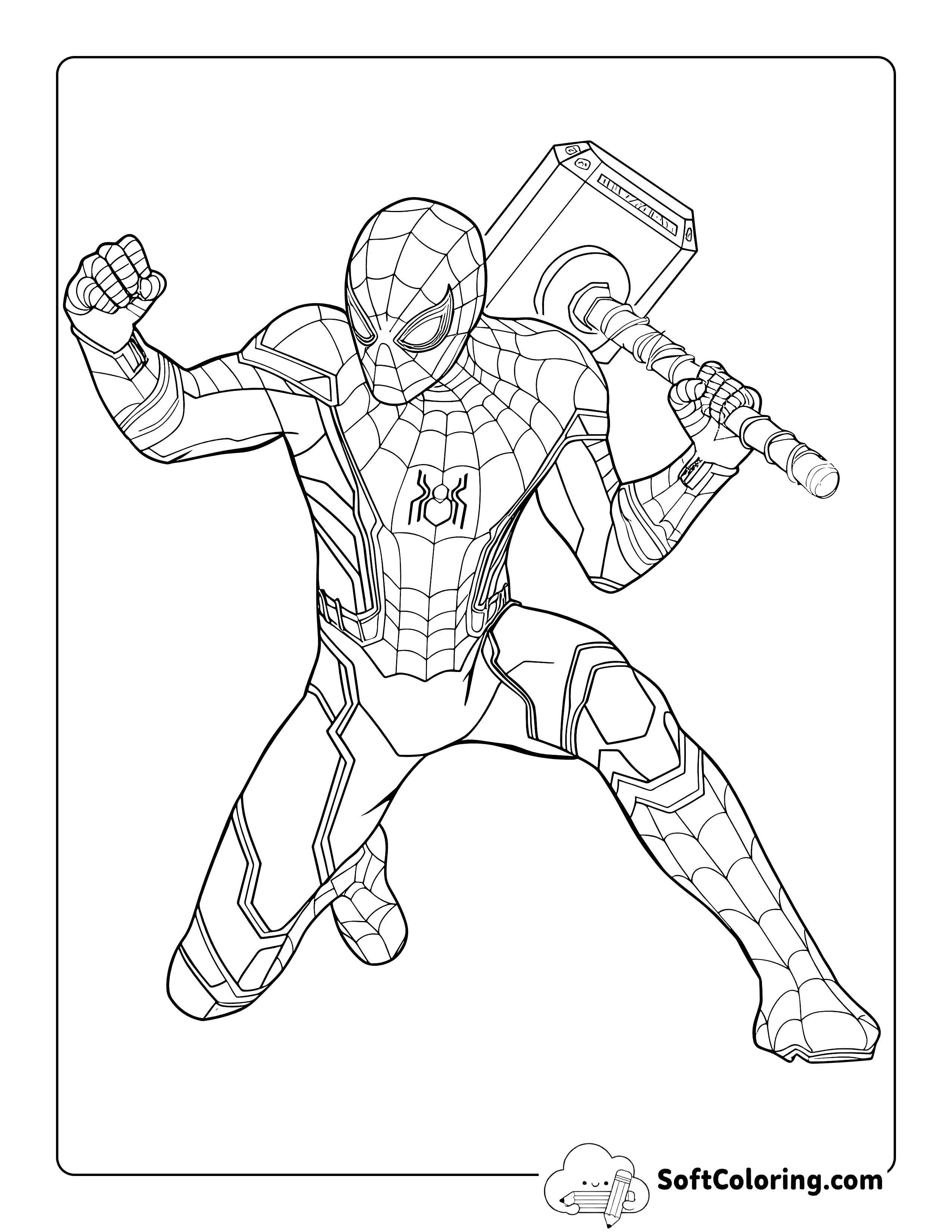 Avengers-Inspired Crossover Holding Mjolnir Coloring Sheet