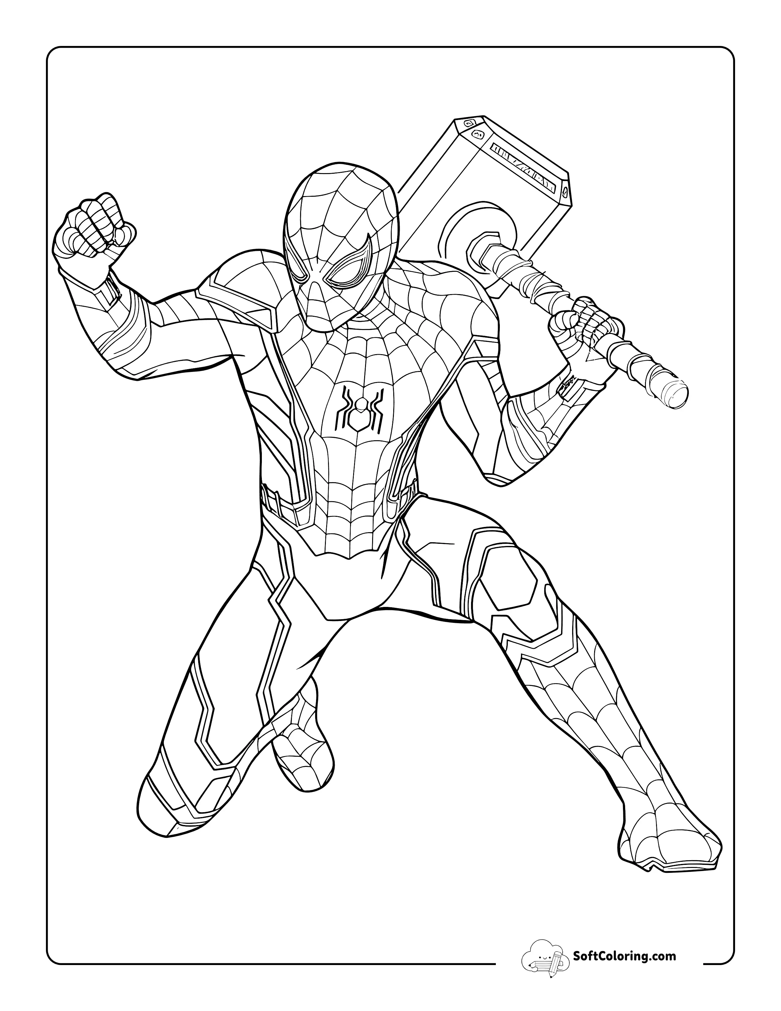 Avengers-Inspired Crossover Holding Mjolnir Coloring Sheet
