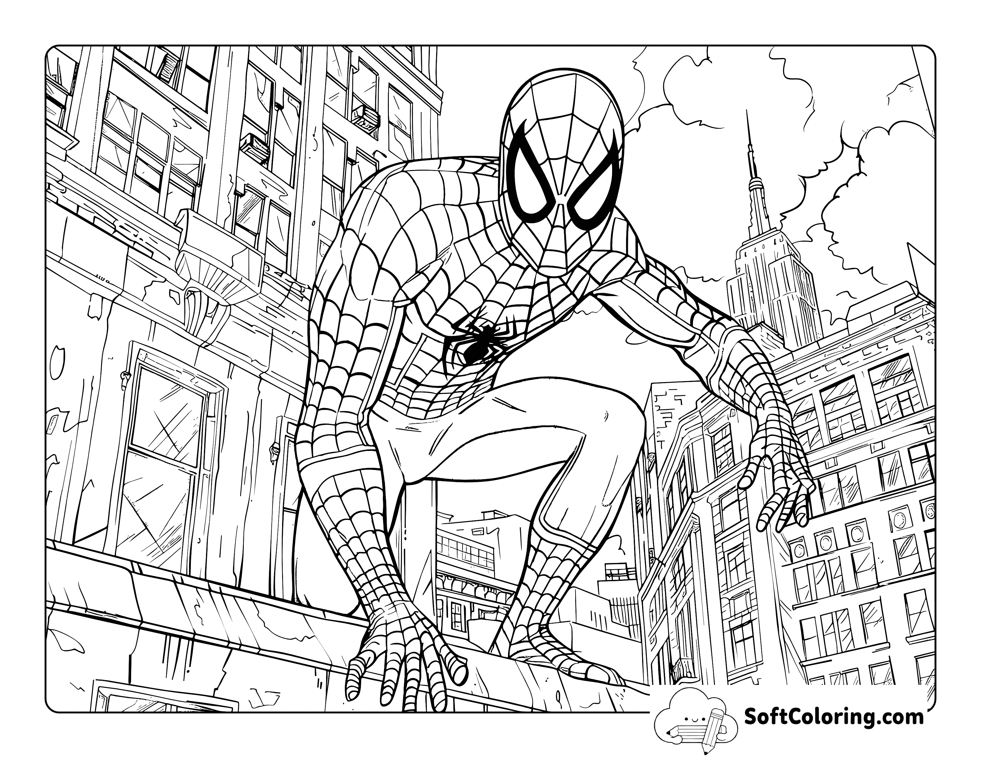 Spidey-like Character Jumping from a Balcony Detailed Coloring Page