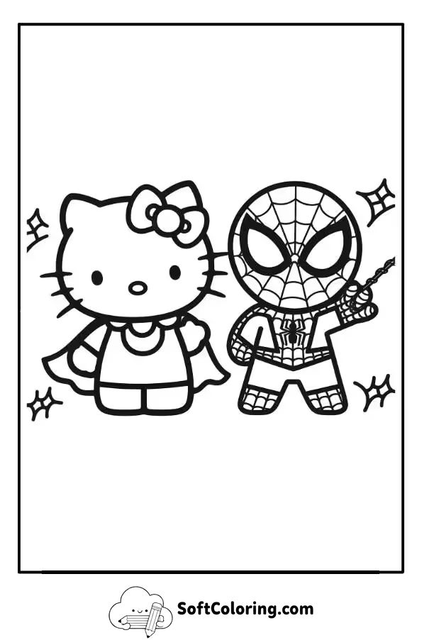 Hello Kitty And Spider-Man Coloring Page