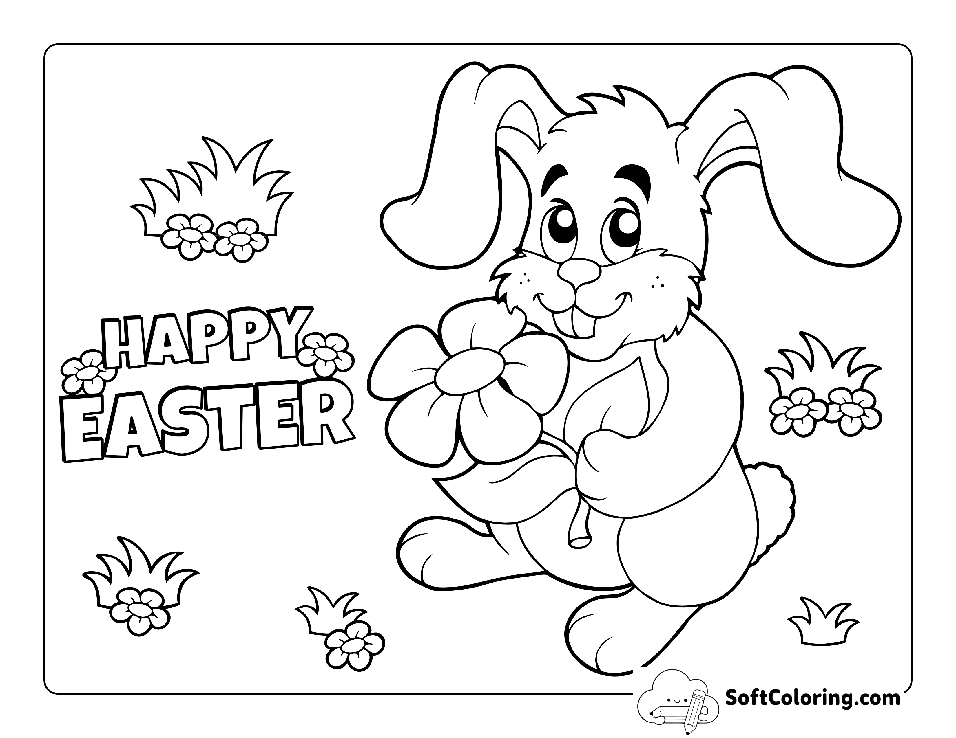 Cute Easter Bunny with Flowers Coloring Page