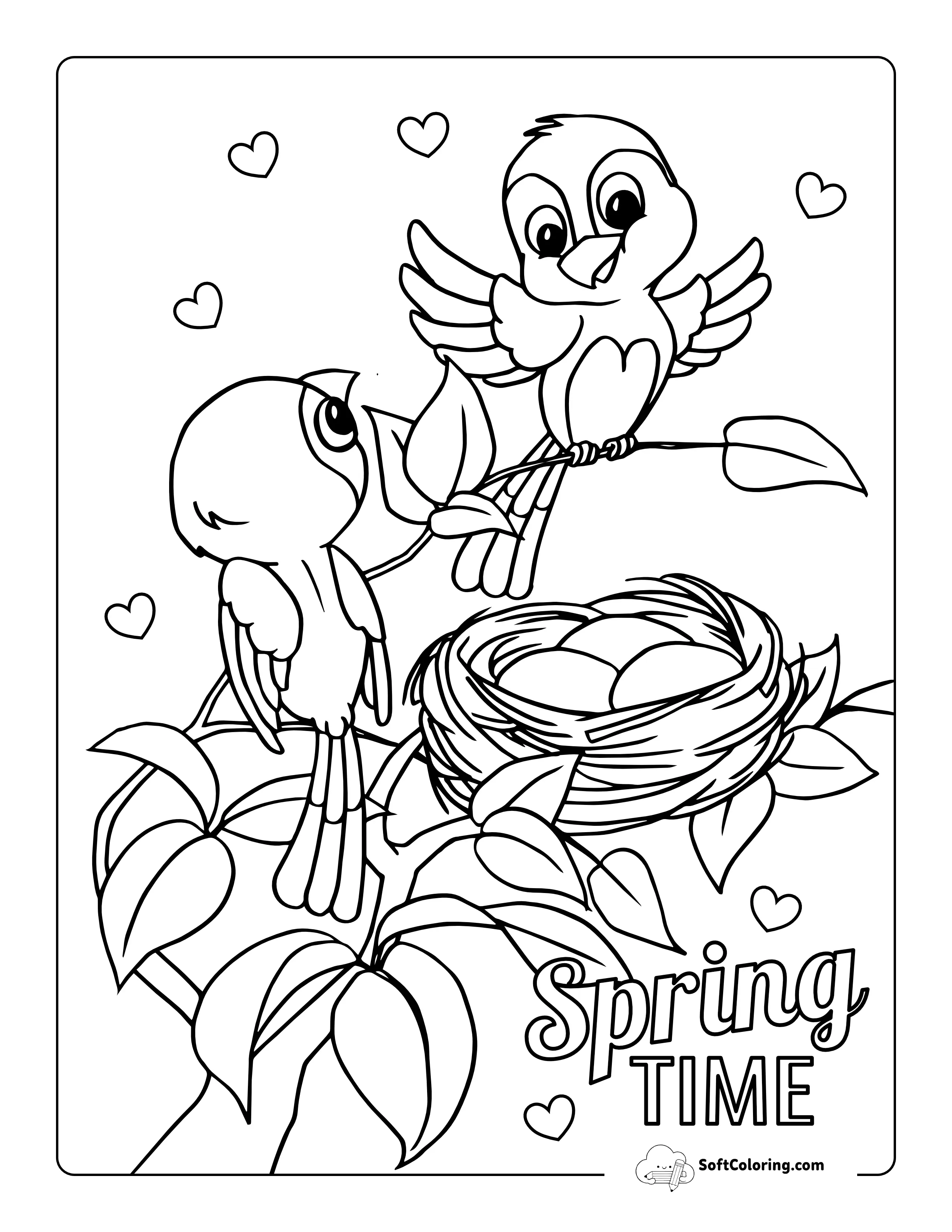 Cute Birds With Nest Spring Coloring Page