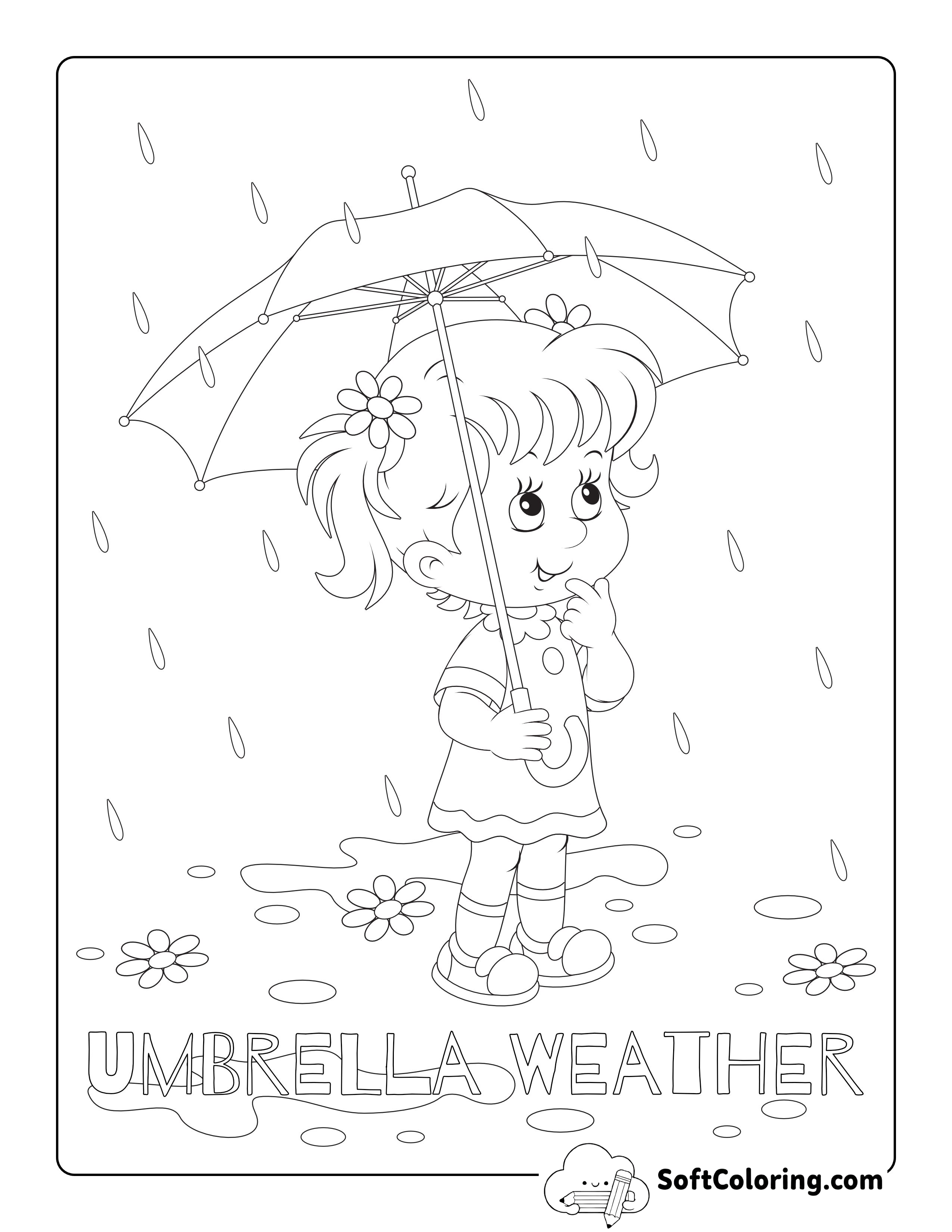 Girl with Umbrella in the Rain Picture to Color