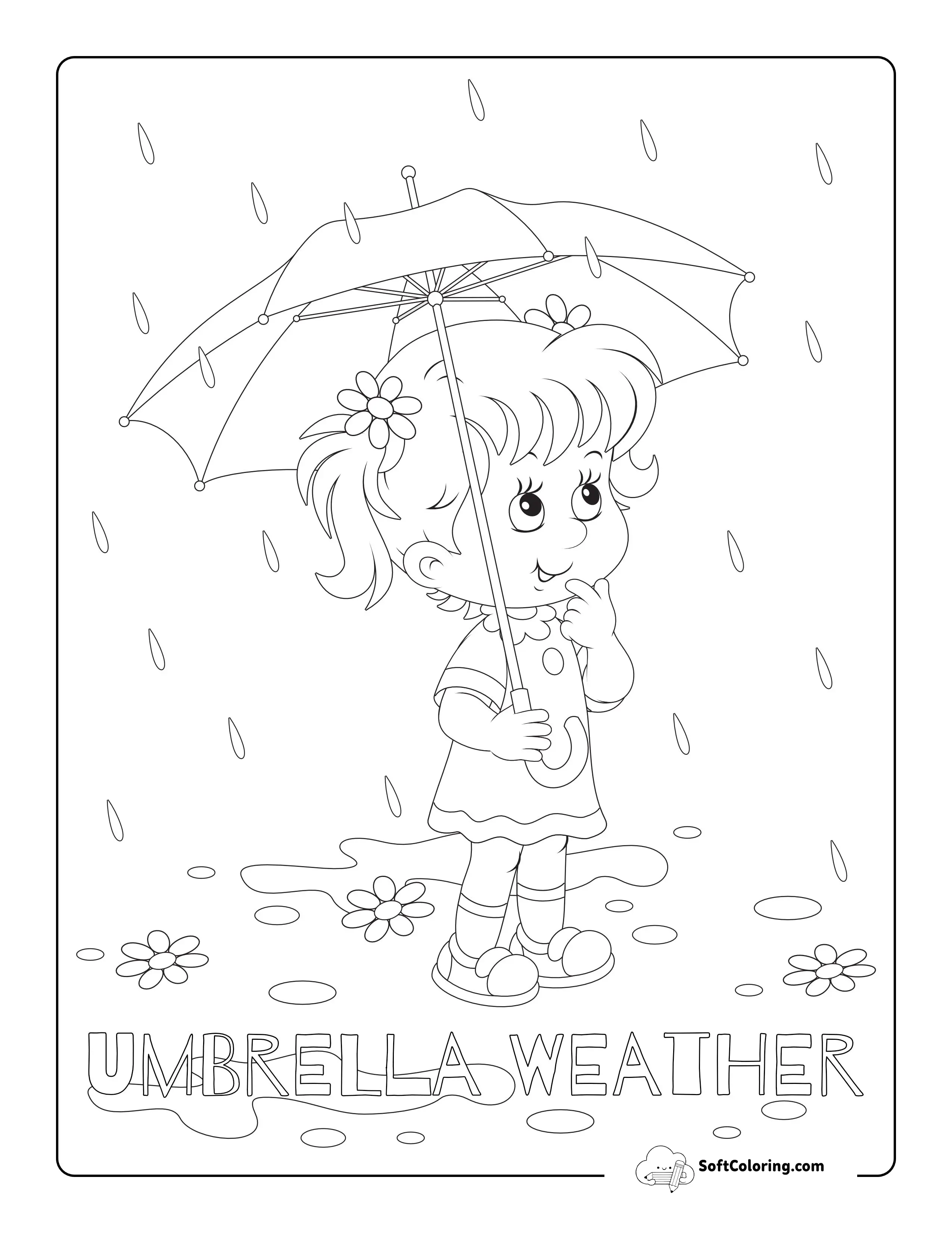 Girl With Umbrella In The Rain Picture To Color