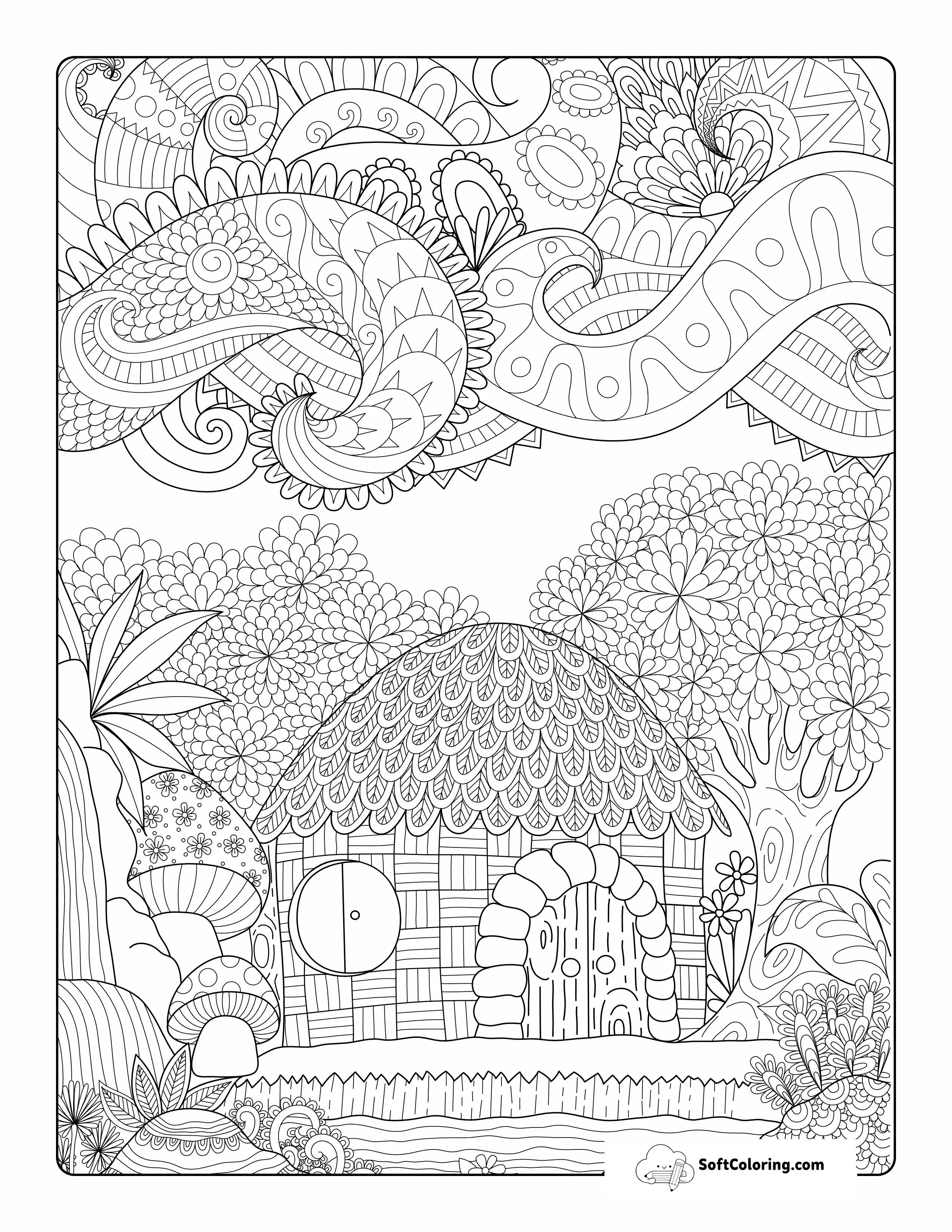 Spring Cottage Adult Coloring Sheet