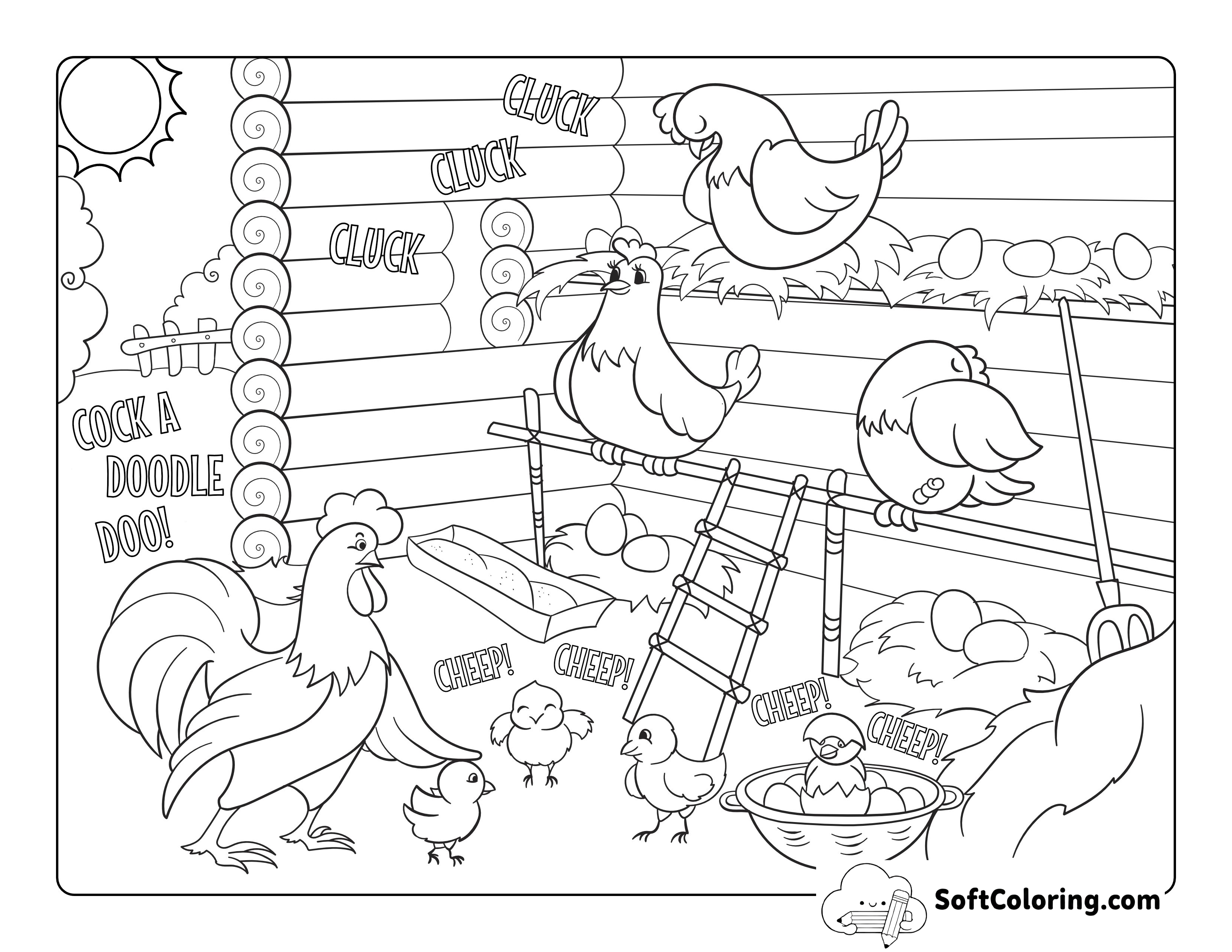 Chickens on the Farm Coloring Page