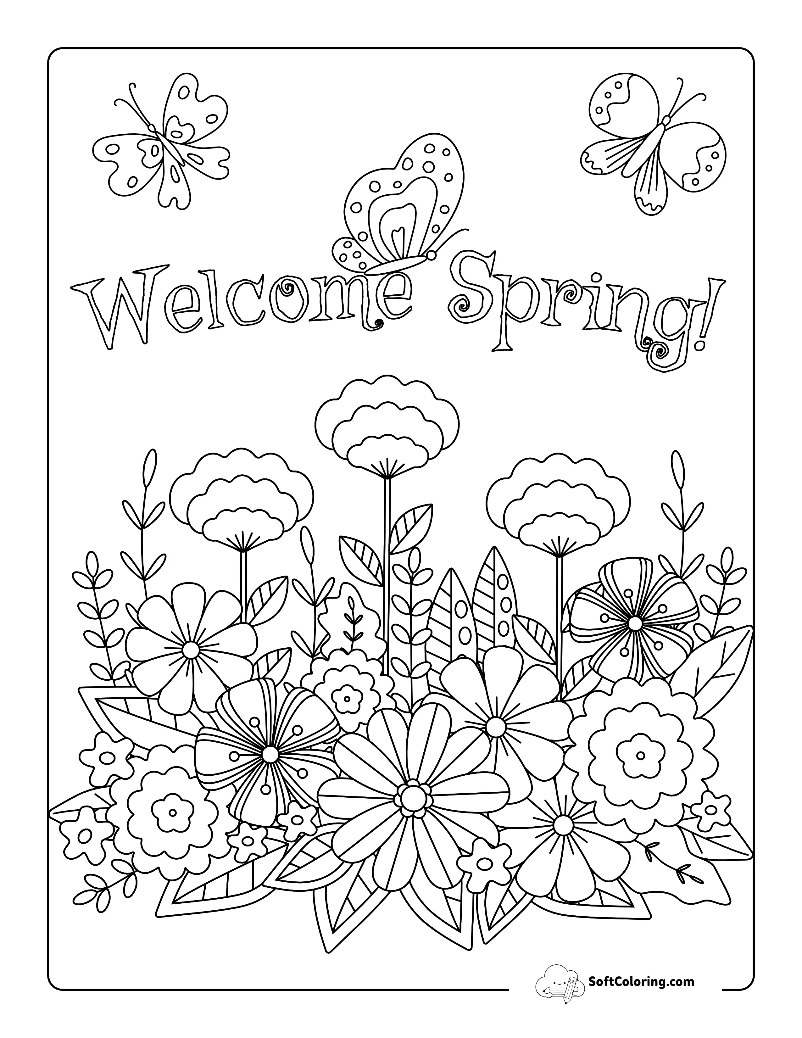 Flowers And Butterflies Garden Coloring Sheet