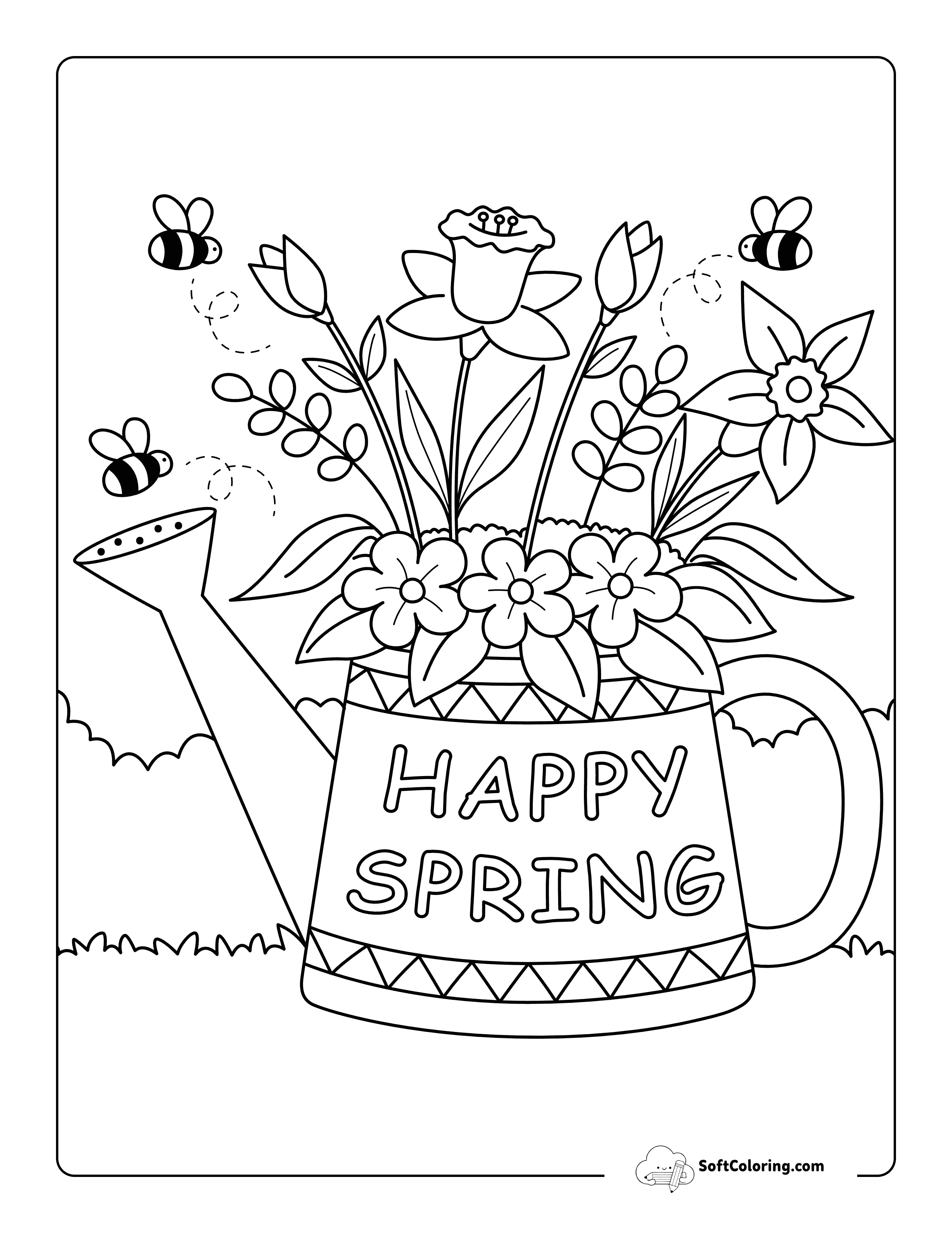 Floral "Happy Spring" Coloring Sheet