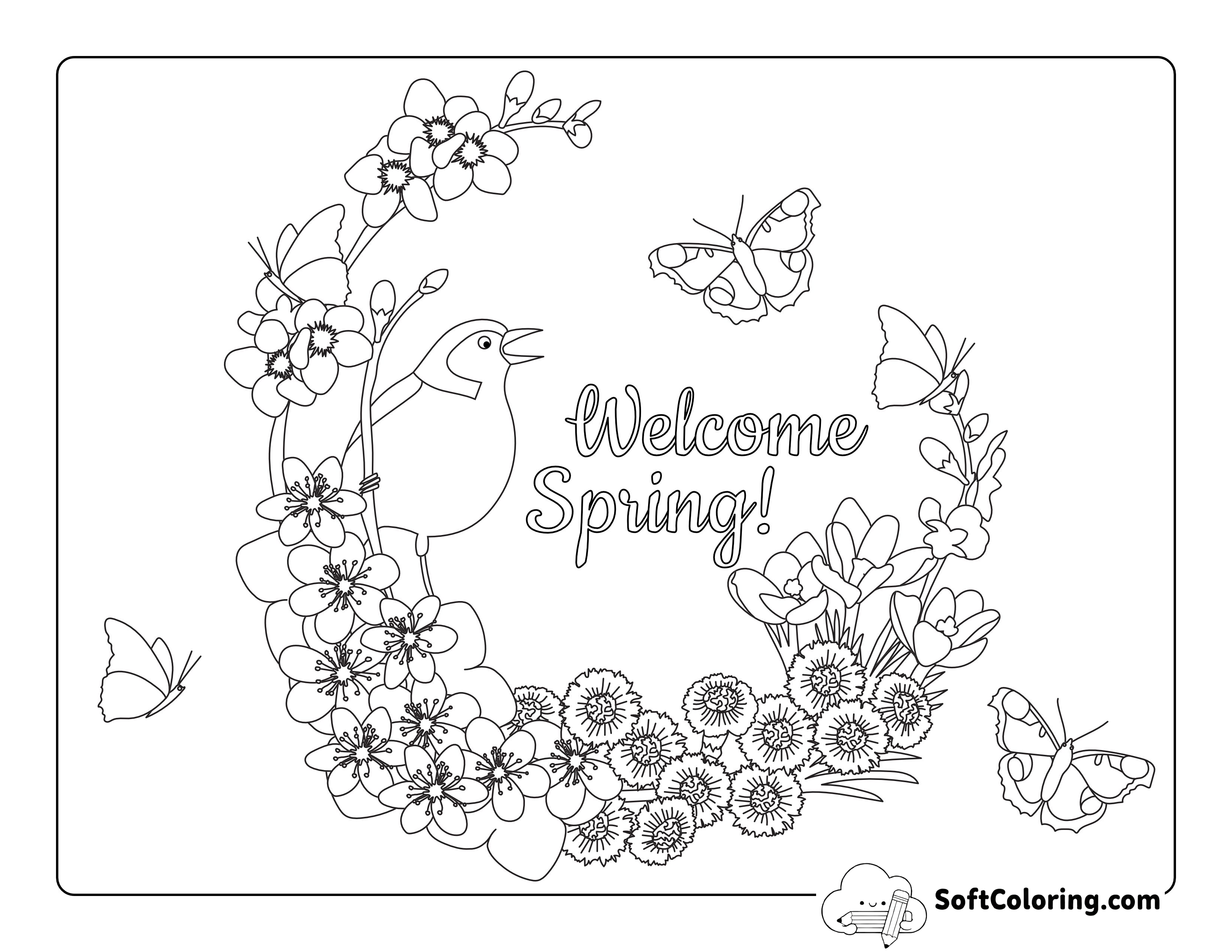 Spring Wreath Flower Garden Coloring Sheet