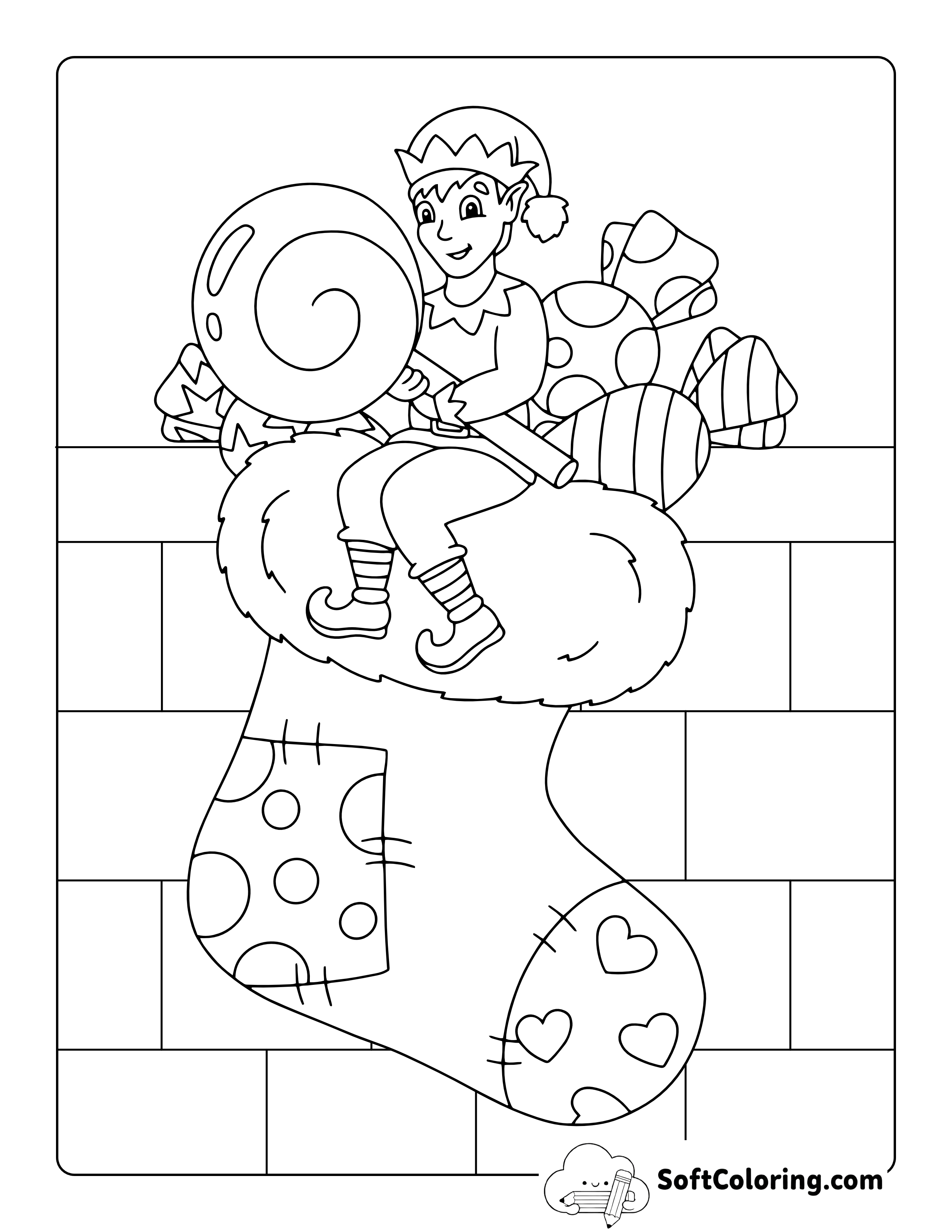 Elf with Christmas Candy Picture to Color