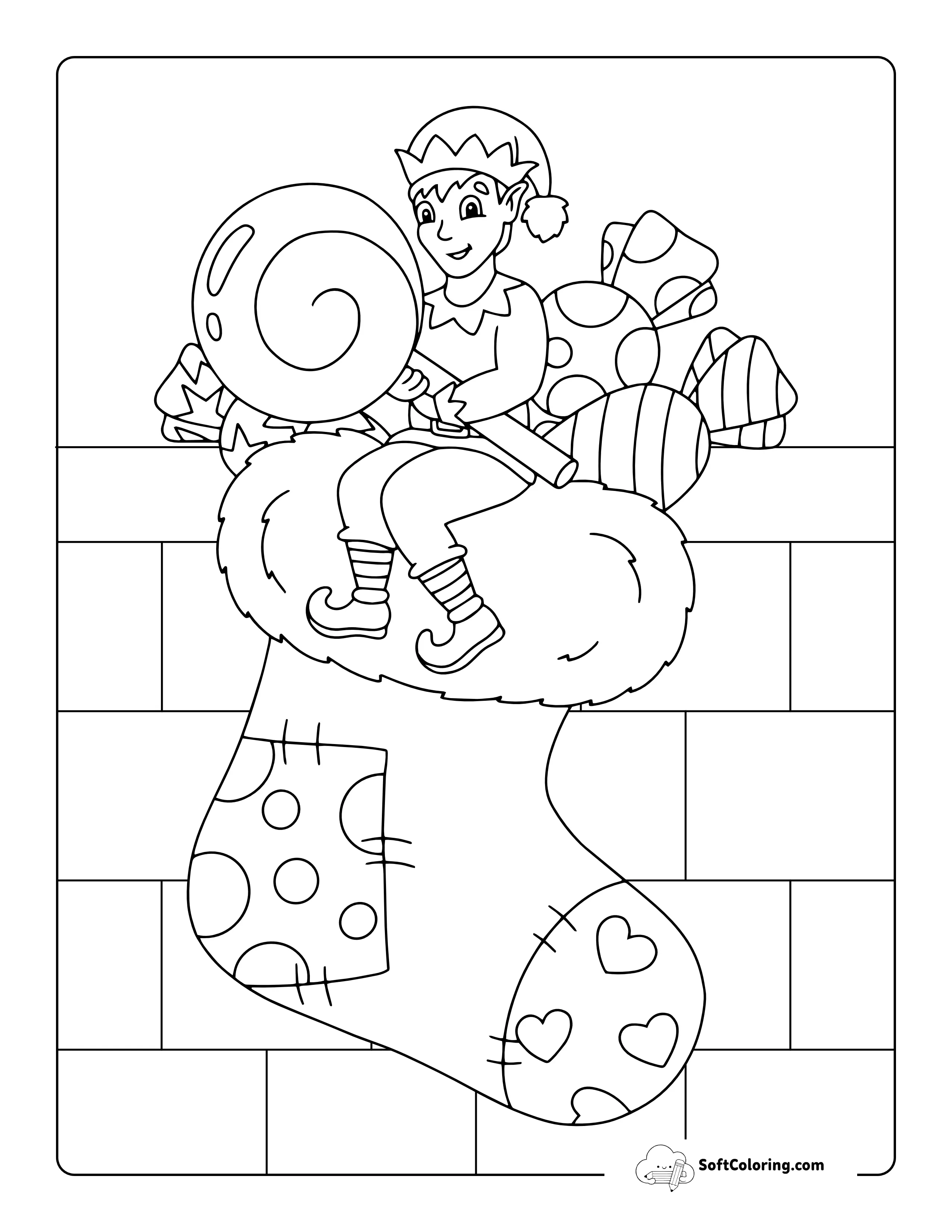 Christmas Elf And Stocking Coloring Page For Kids
