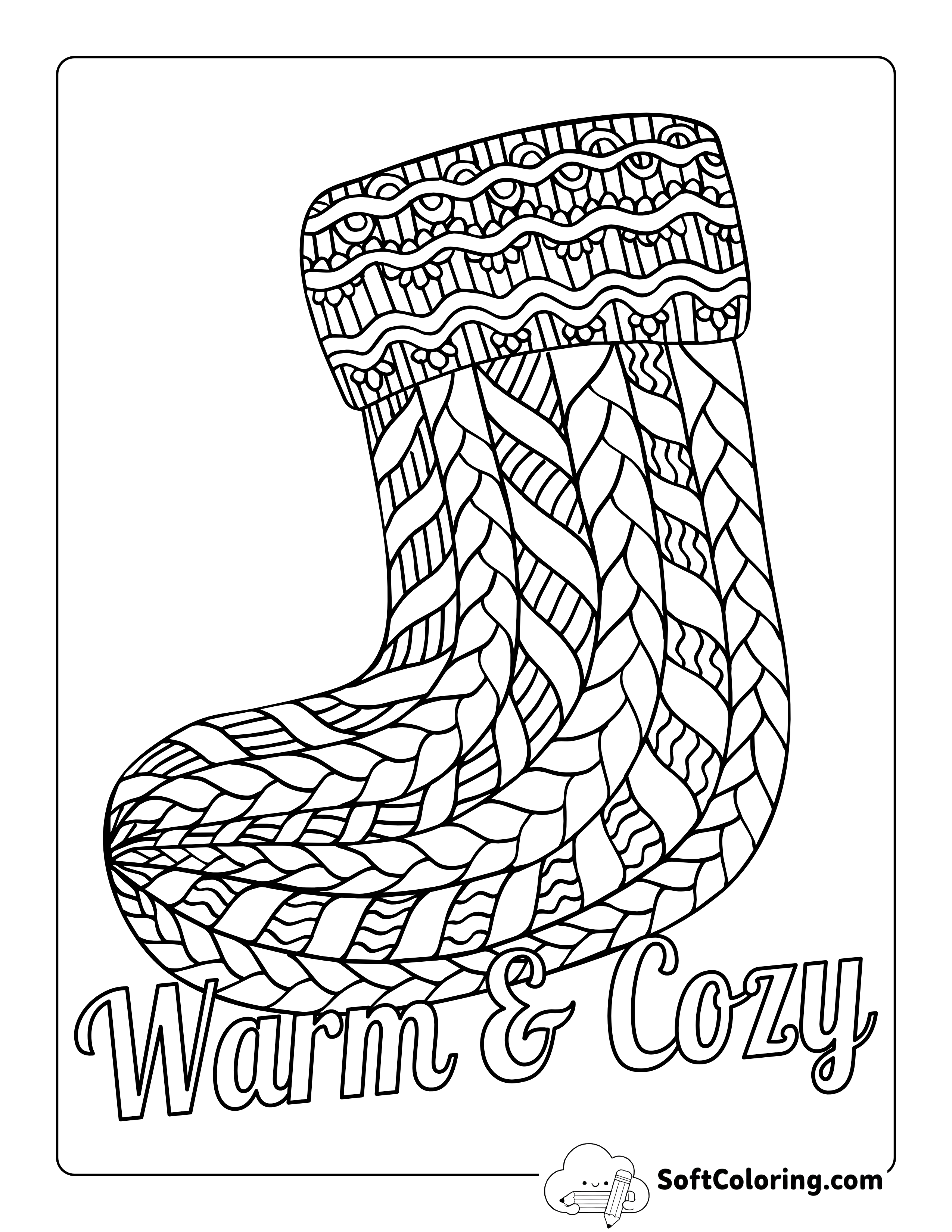 "Warm and Cozy" Winter Stocking Coloring Page for Adults