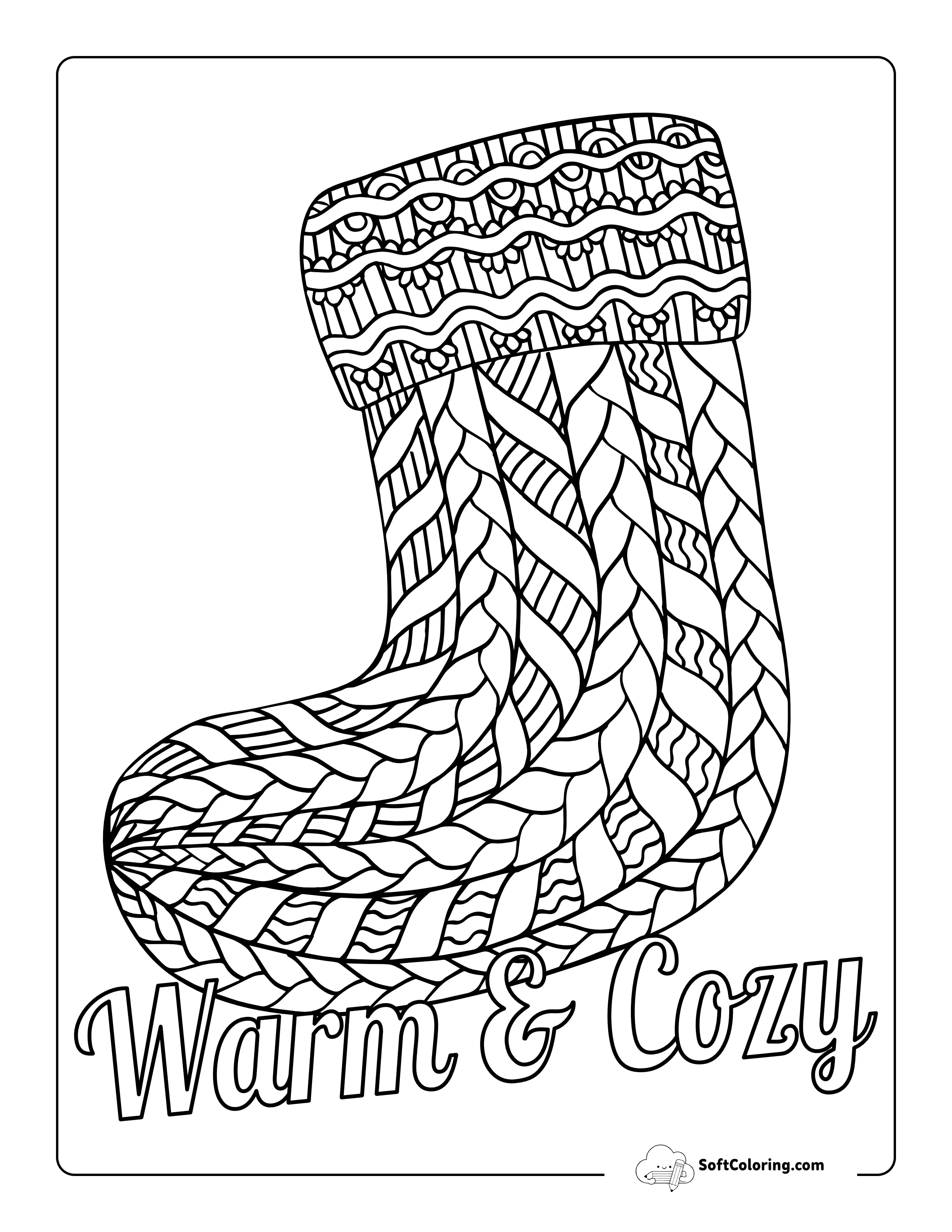 "Warm And Cozy" Winter Stocking Coloring Page For Adults