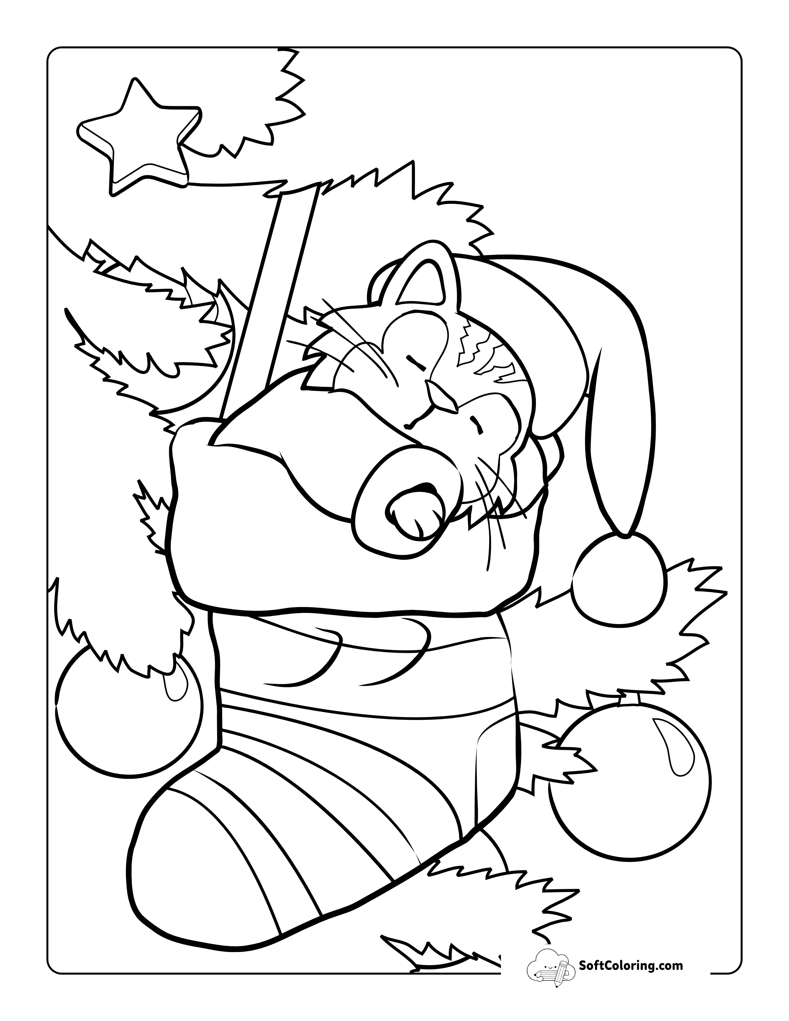 Cute Sleepy Kitten In Christmas Stocking To Color