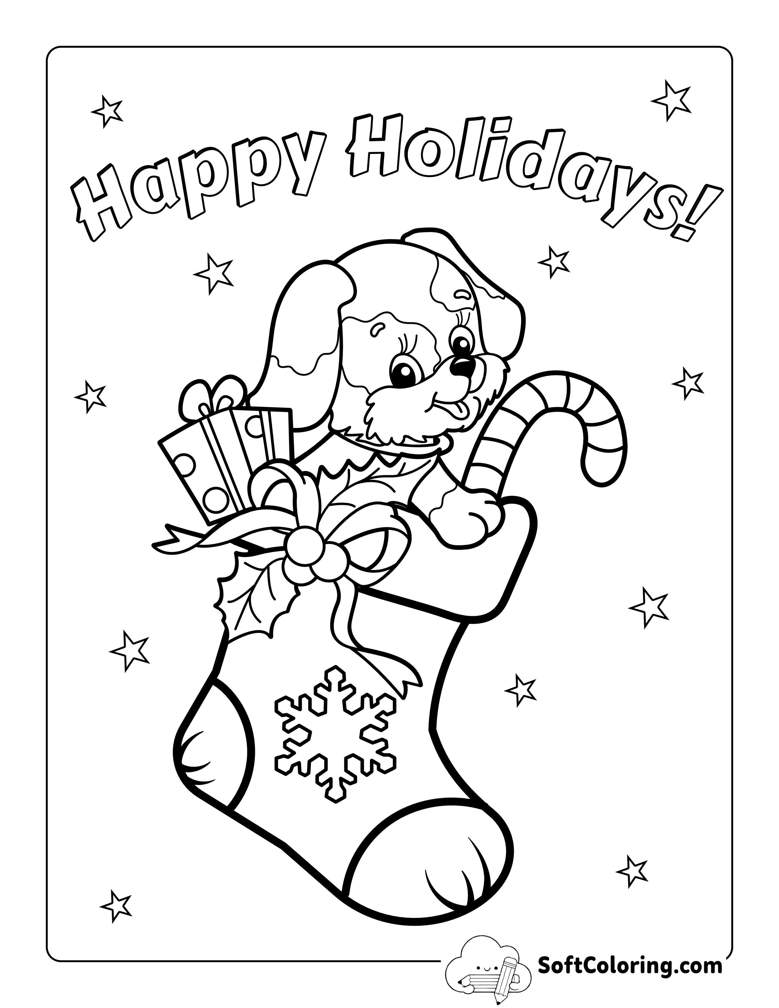 "Happy Holidays" Stocking with Candy Coloring Page