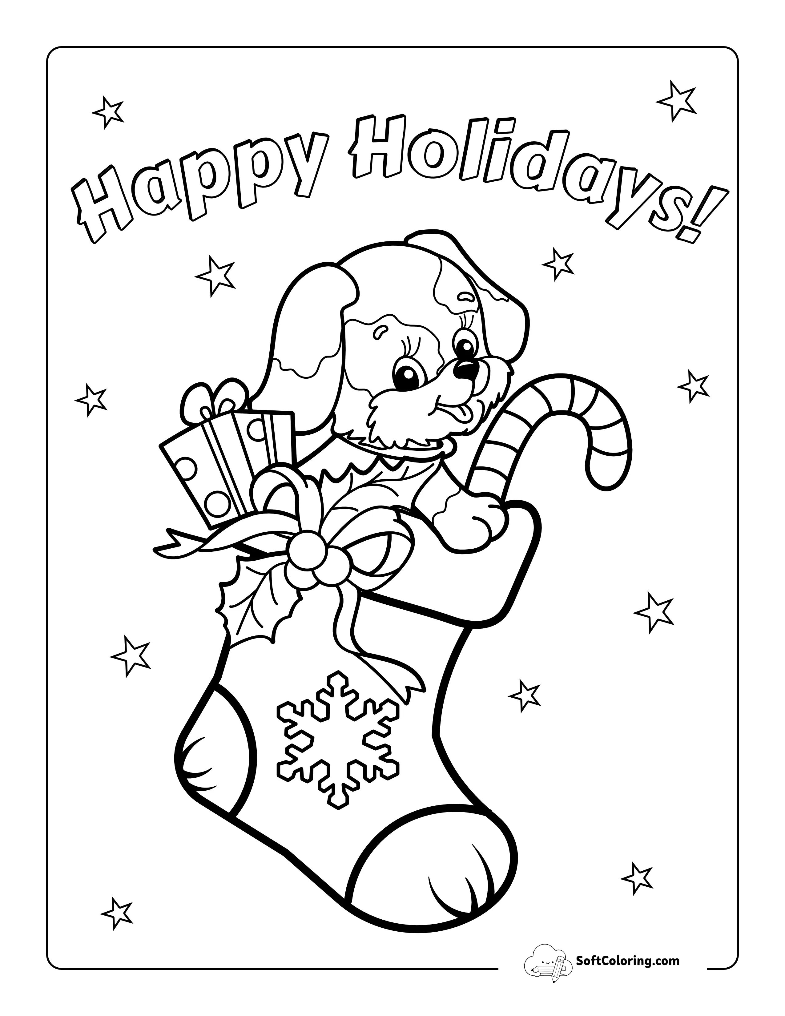 "Happy Holidays" Cute Christmas Stocking With Puppy Coloring Page