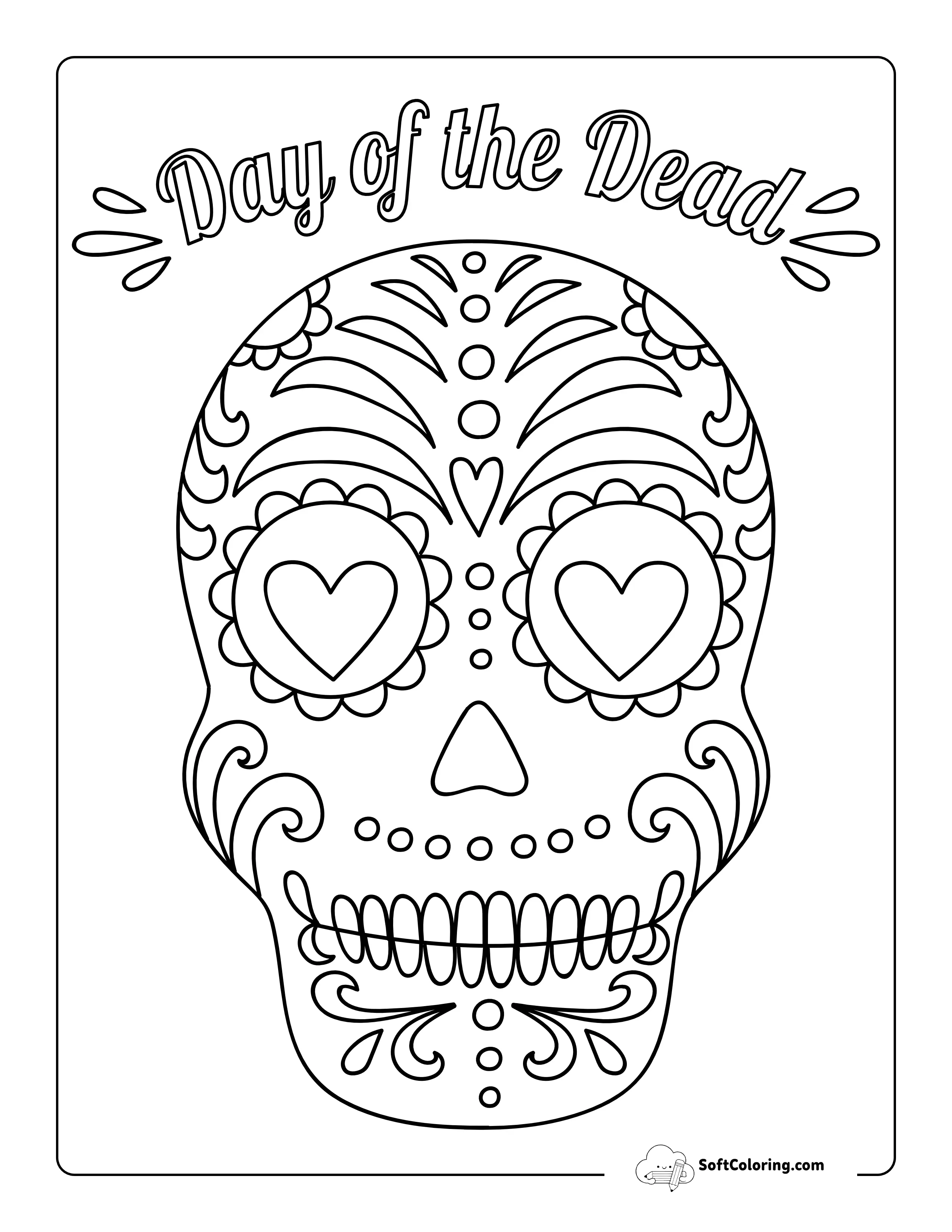"Day Of The Dead" Decorated Skull With Hearts To Color
