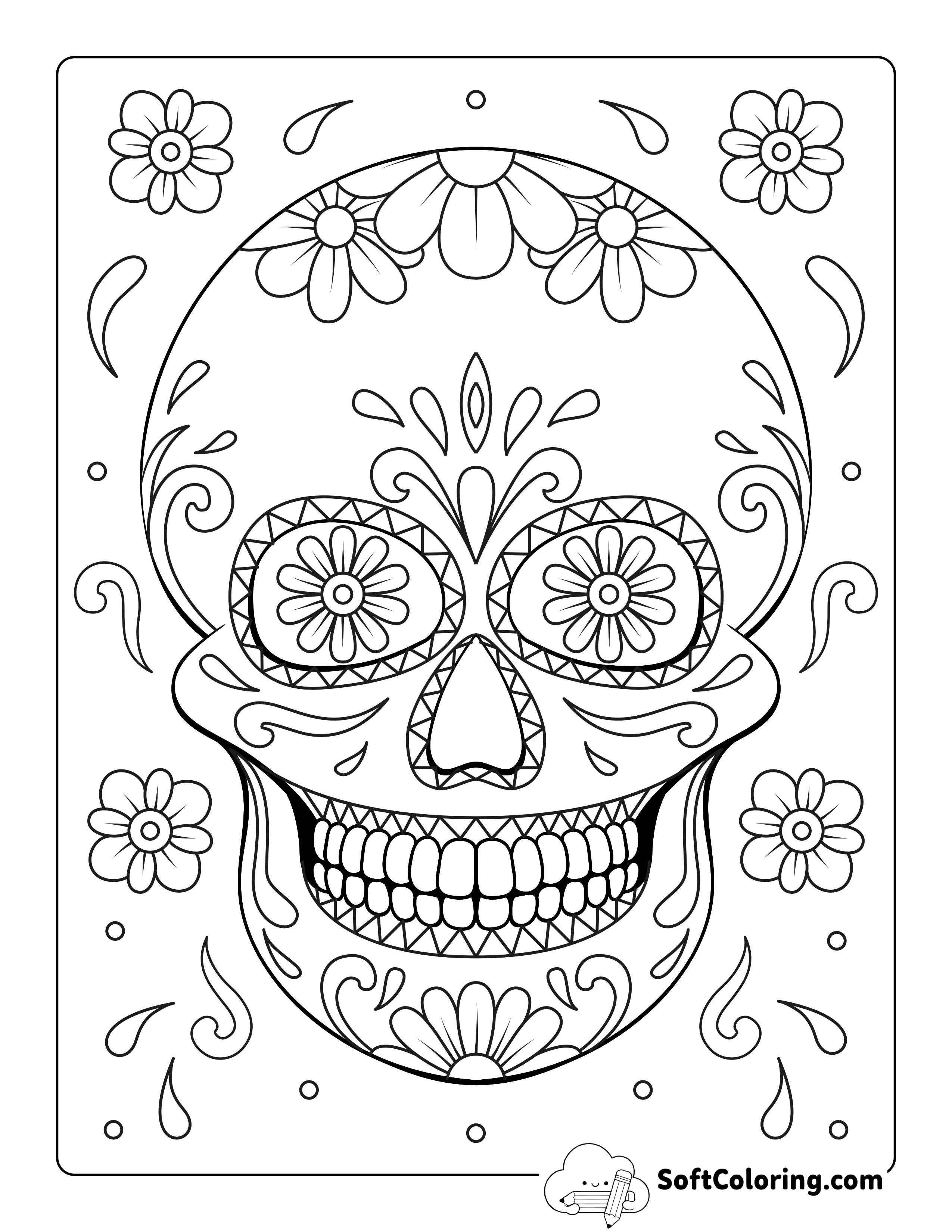 Decorated Sugar Skull Drawing to Color