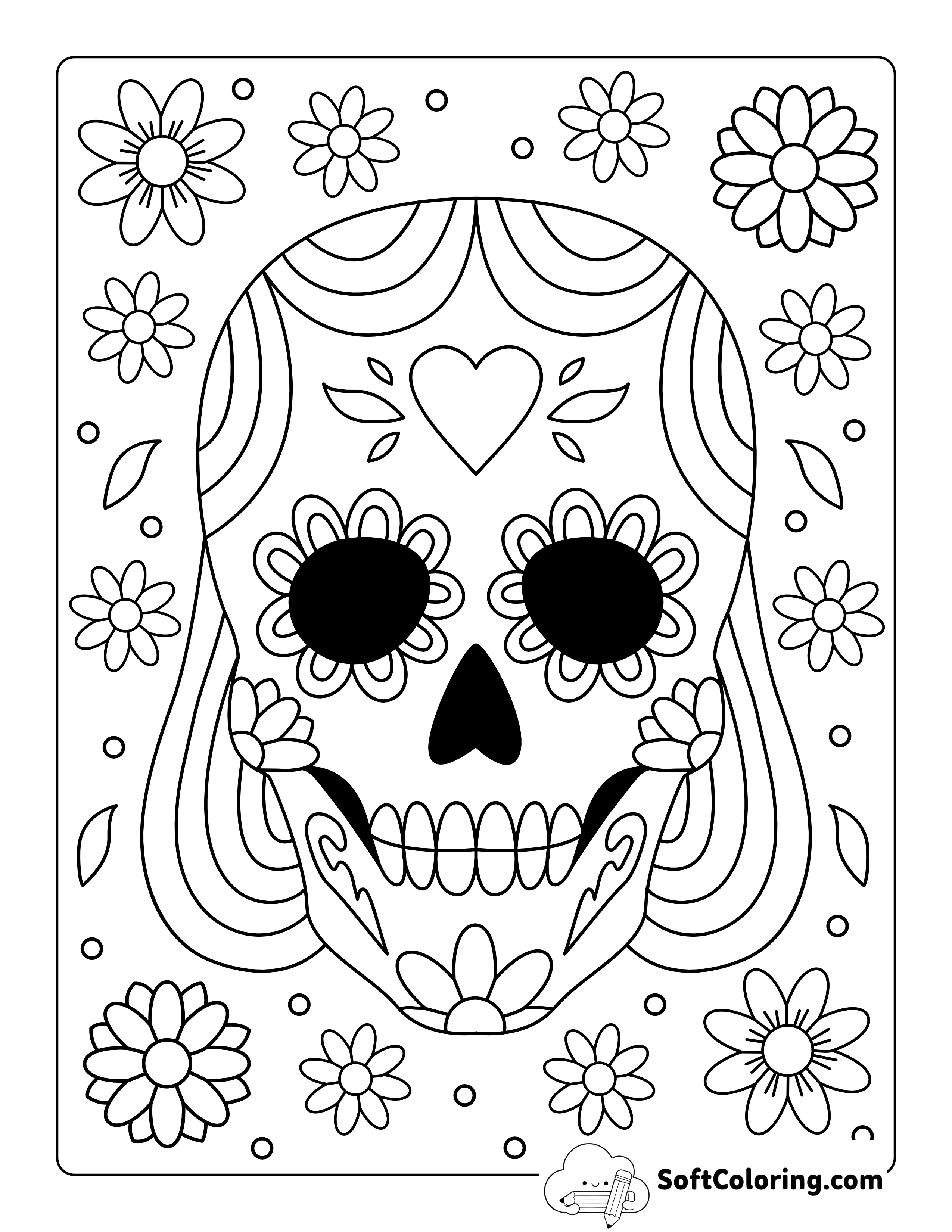 Sugar Skull Coloring Page with Flowers