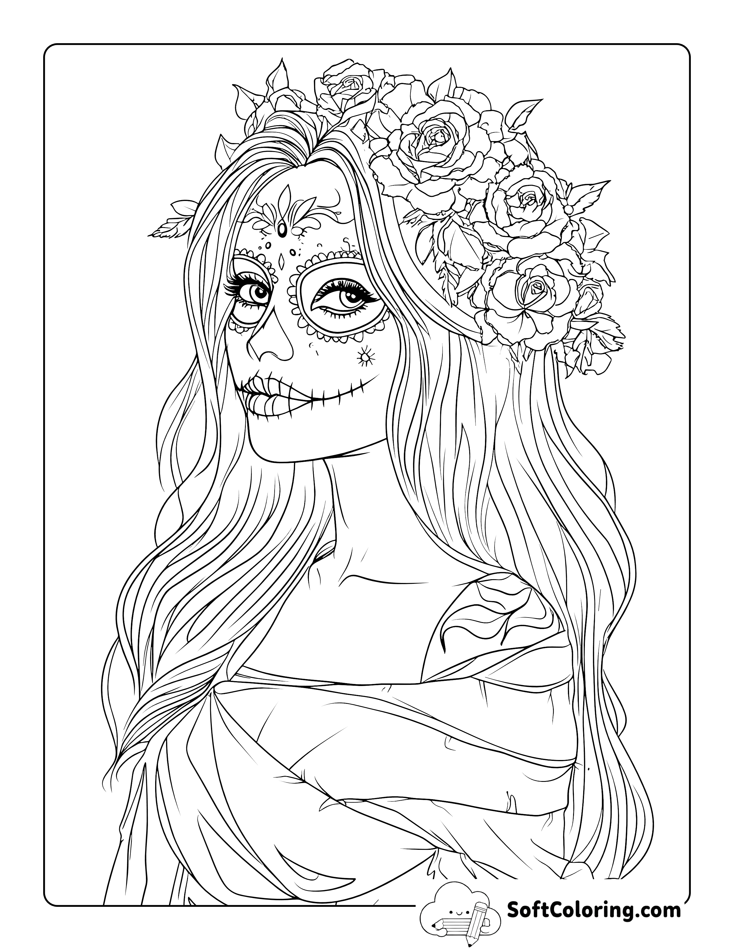 Detailed Beautiful Sugar Skull Girl Coloring Page for Adults