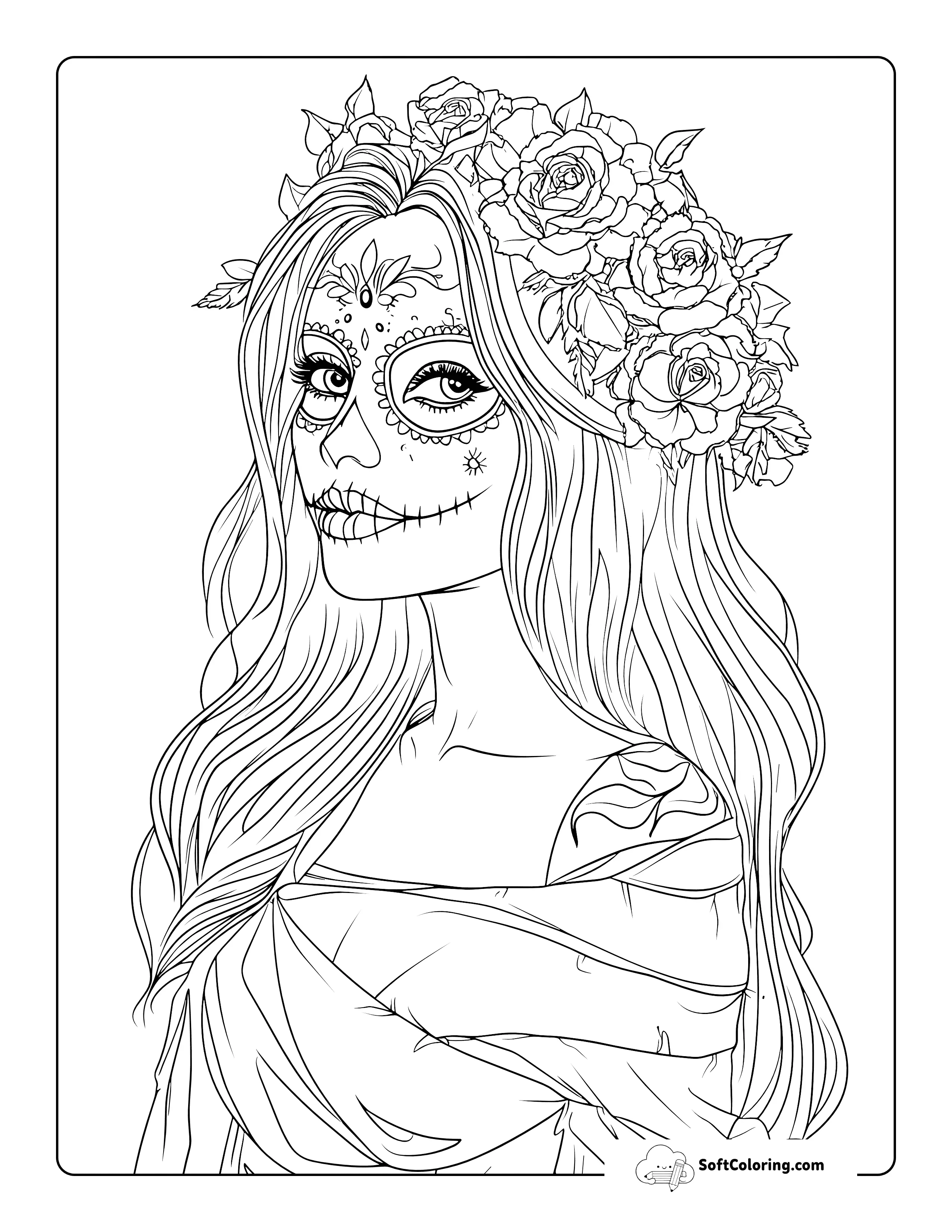 Detailed Beautiful Sugar Skull Girl Coloring Page For Adults