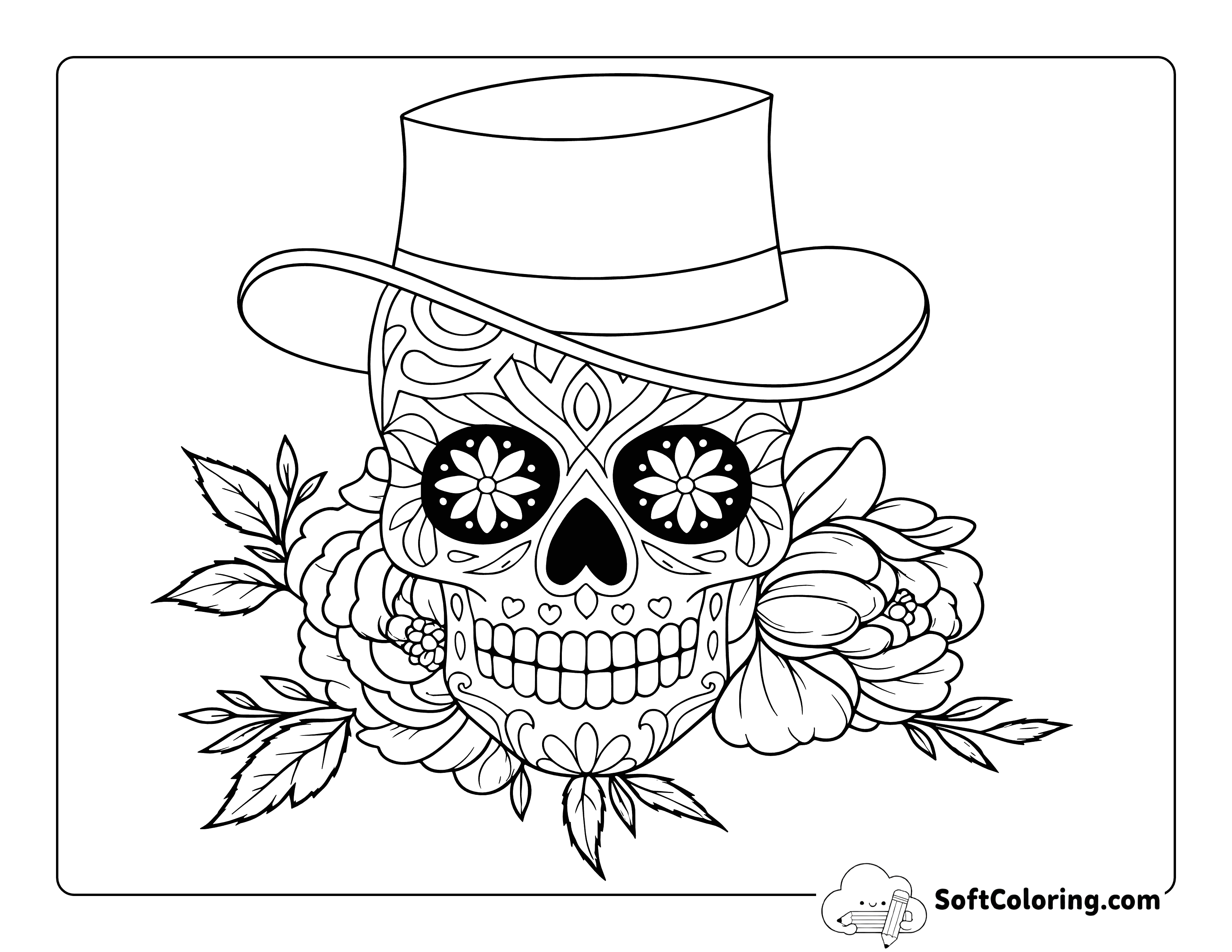 NEW! Simple Sugar Skull in Hat Coloring Page