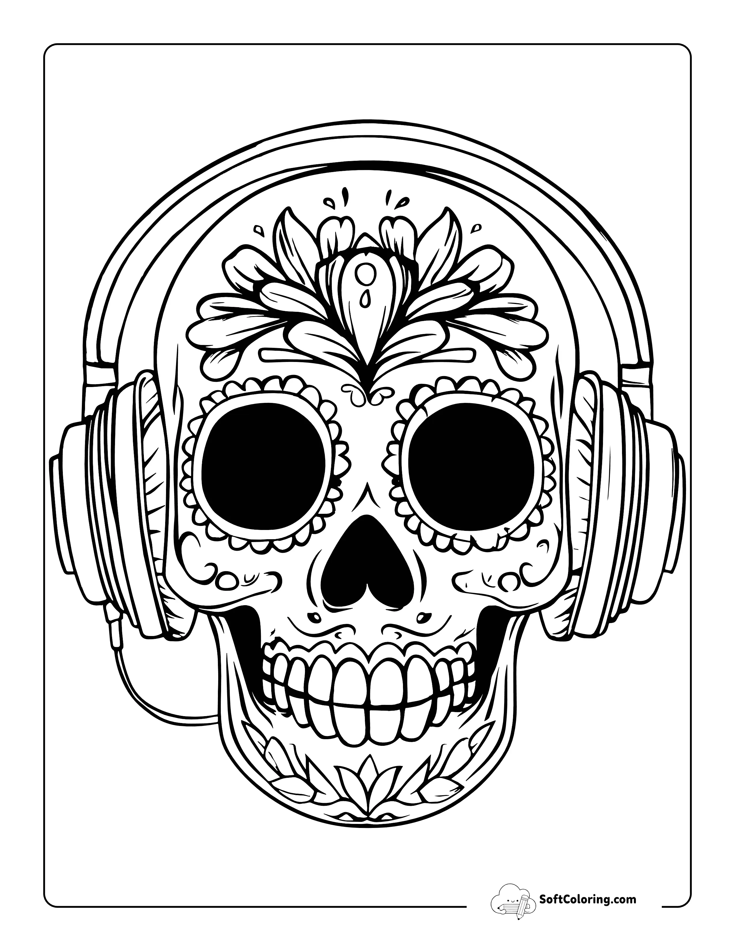 Headphones Sugar Skull - Simple Aesthetic Coloring Page