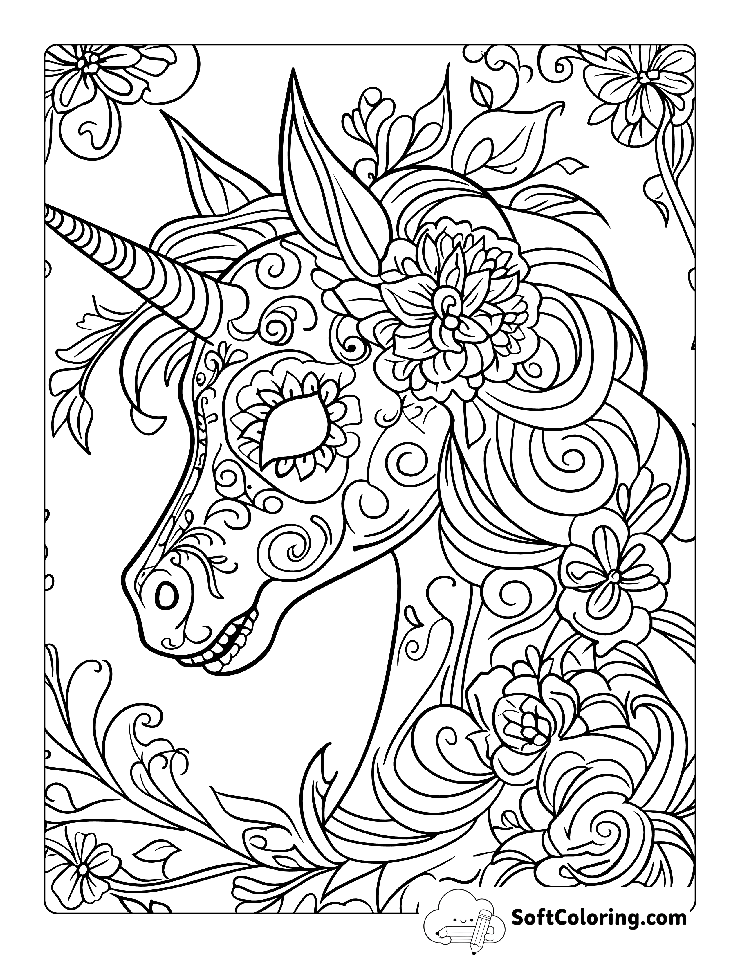Unicorn Flower Coloring Page Printable