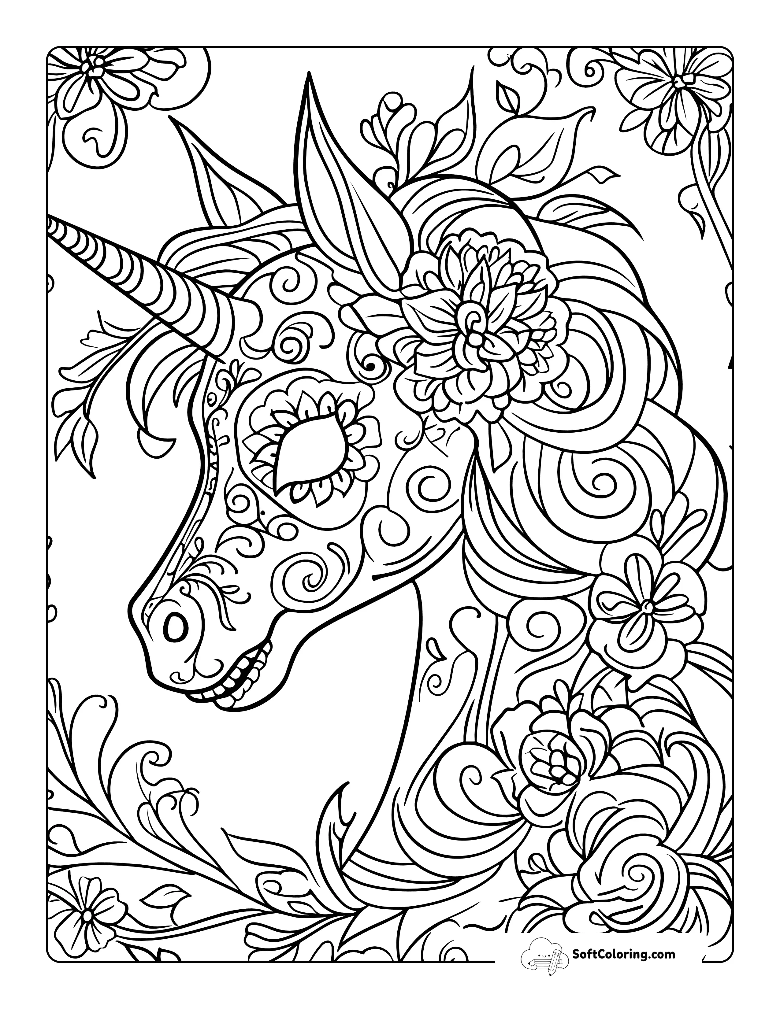 Unicorn Flower Coloring Page Printable