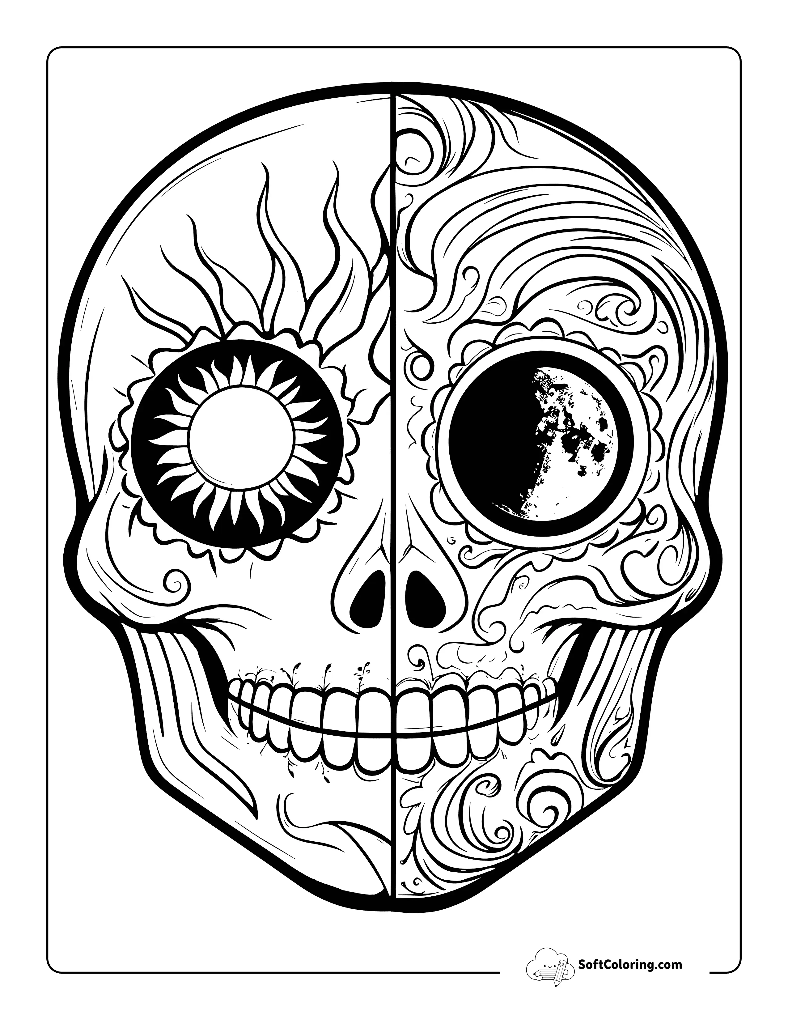 Aesthetic Sugar Skull Sun And Moon Coloring Sheet