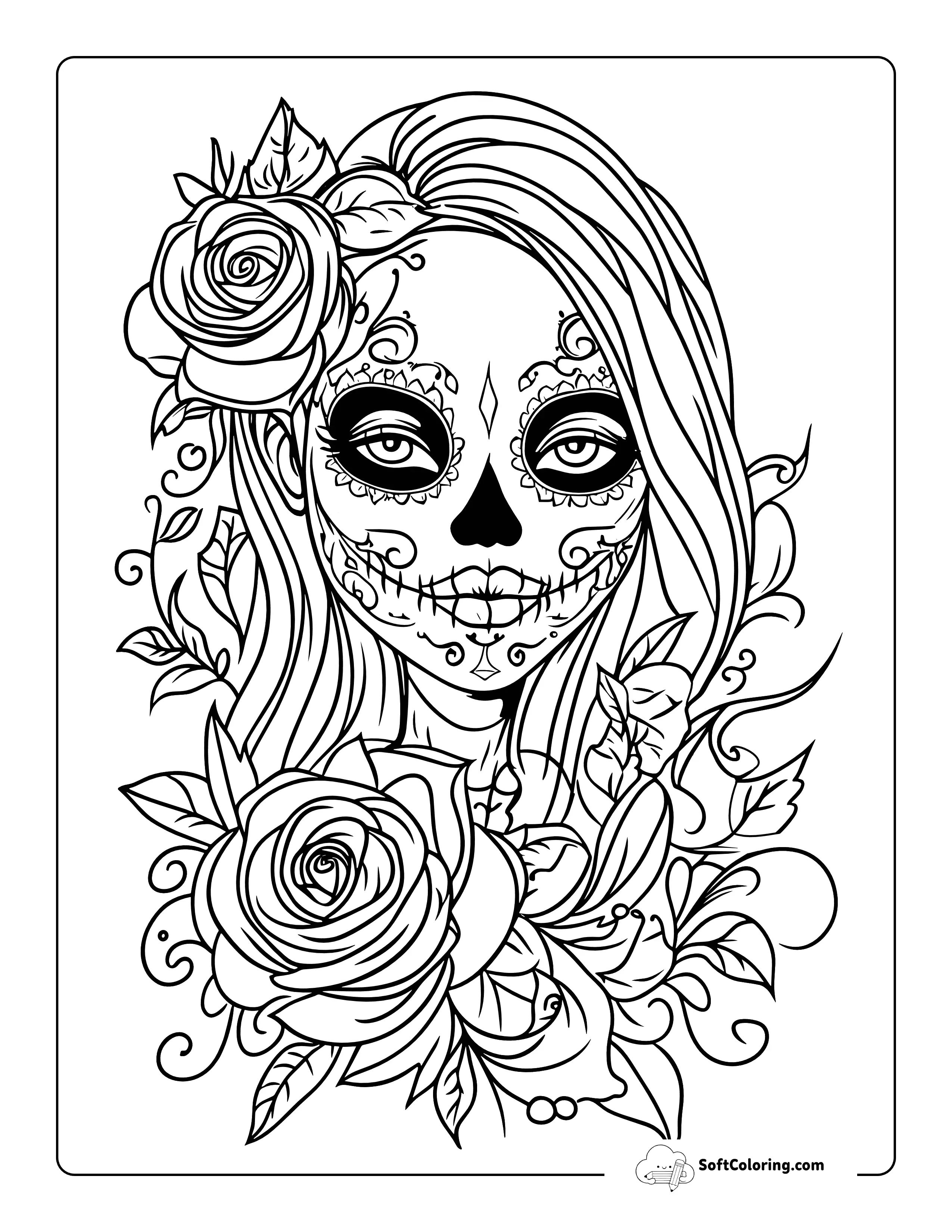 Floral Sugar Skull Aesthetic Girl Coloring Page