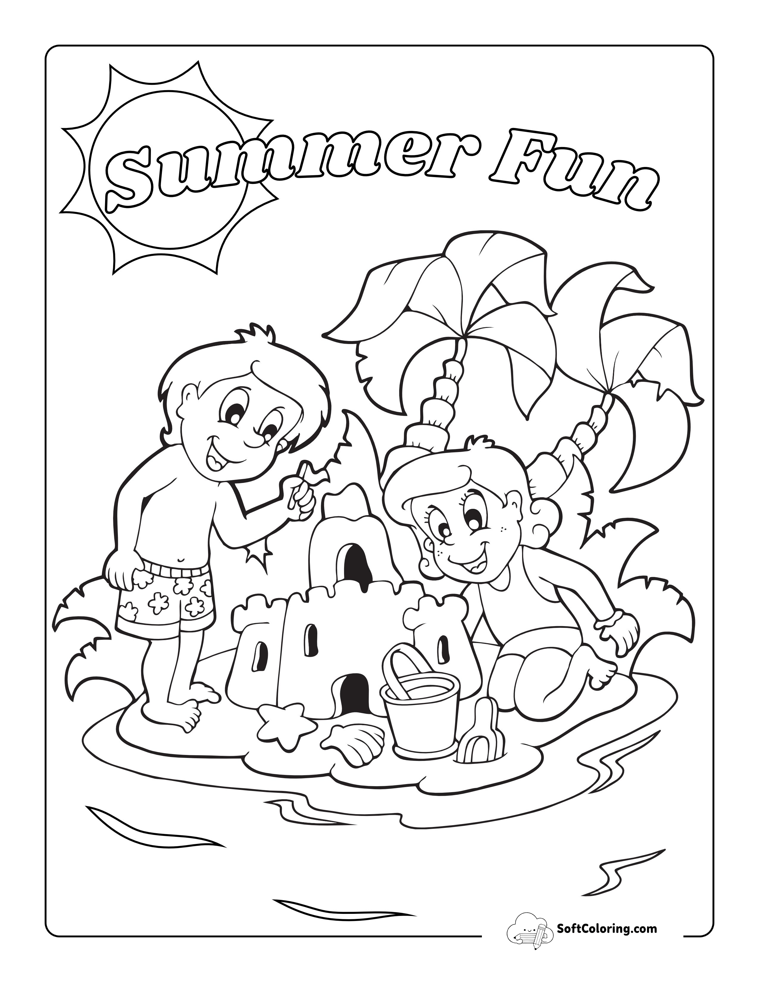 Tropical Beach Sandcastle Coloring Page