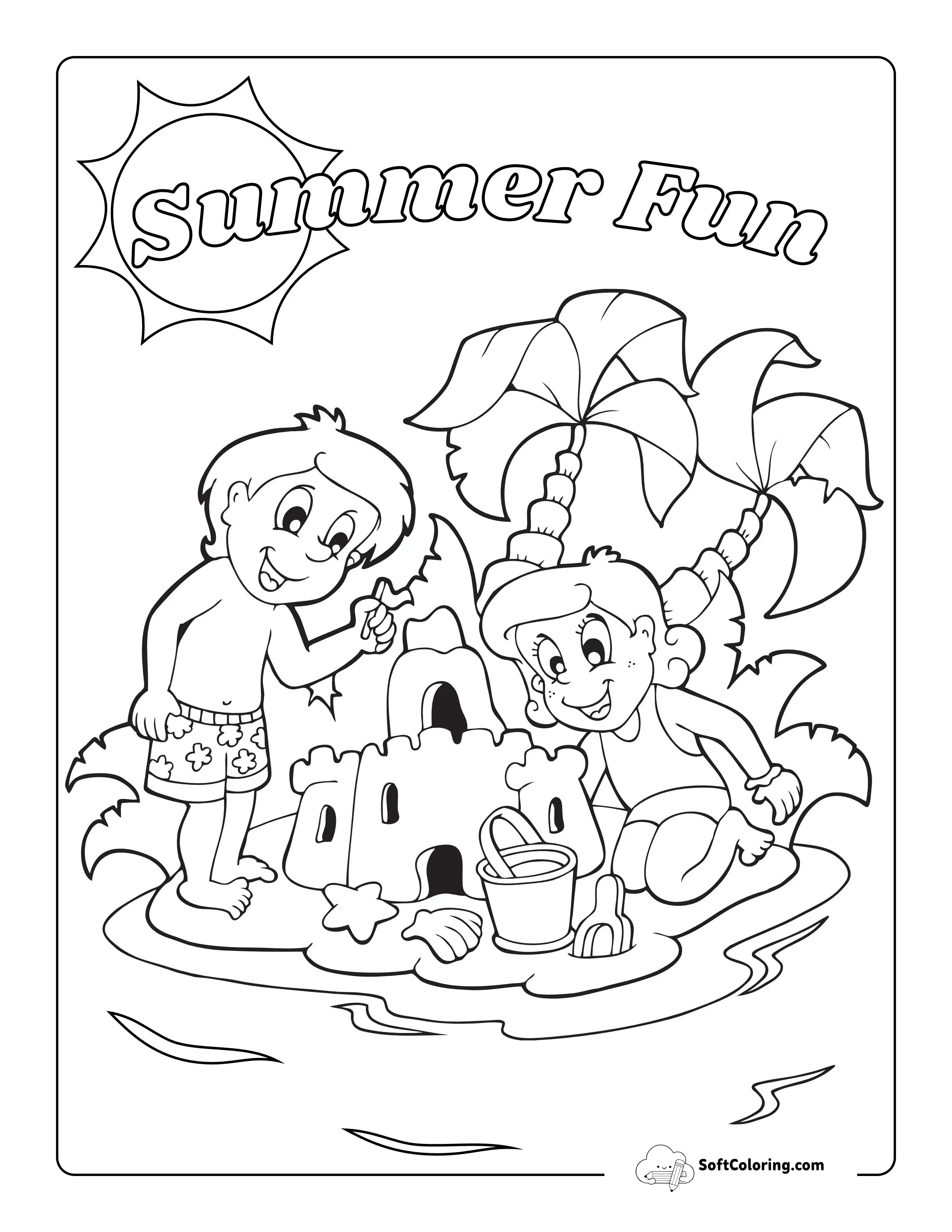 Tropical Beach Sandcastle Coloring Page