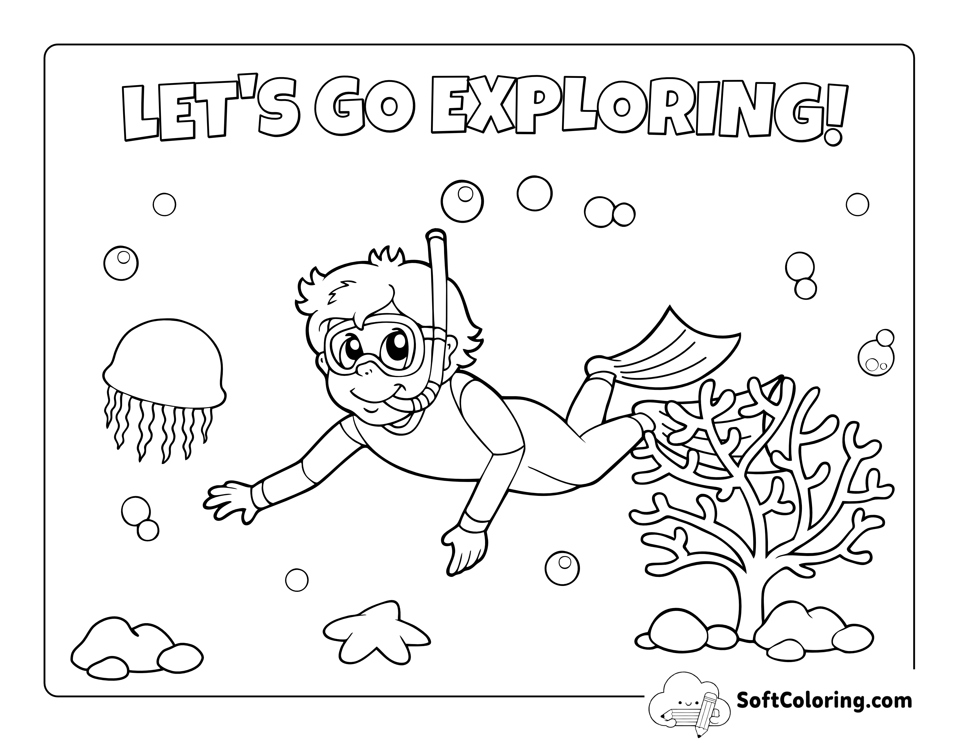 Snorkeling in Coral Reef with Jellyfish Coloring Page
