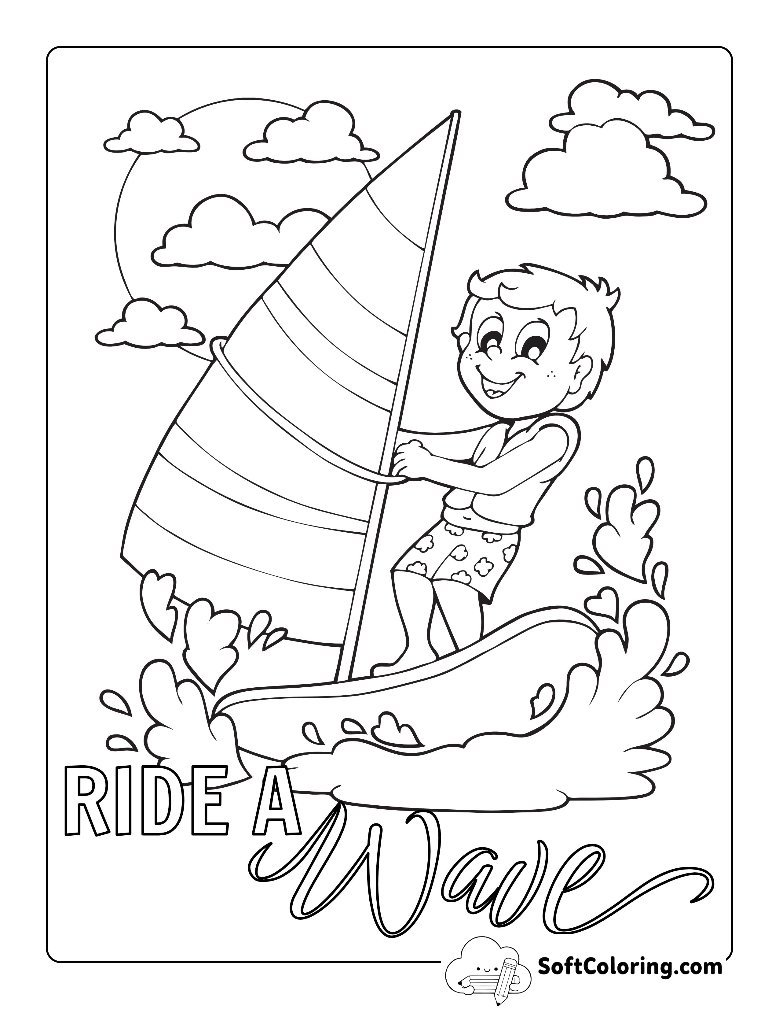 "Ride a Wave" Boy Windsurfing Coloring Sheet