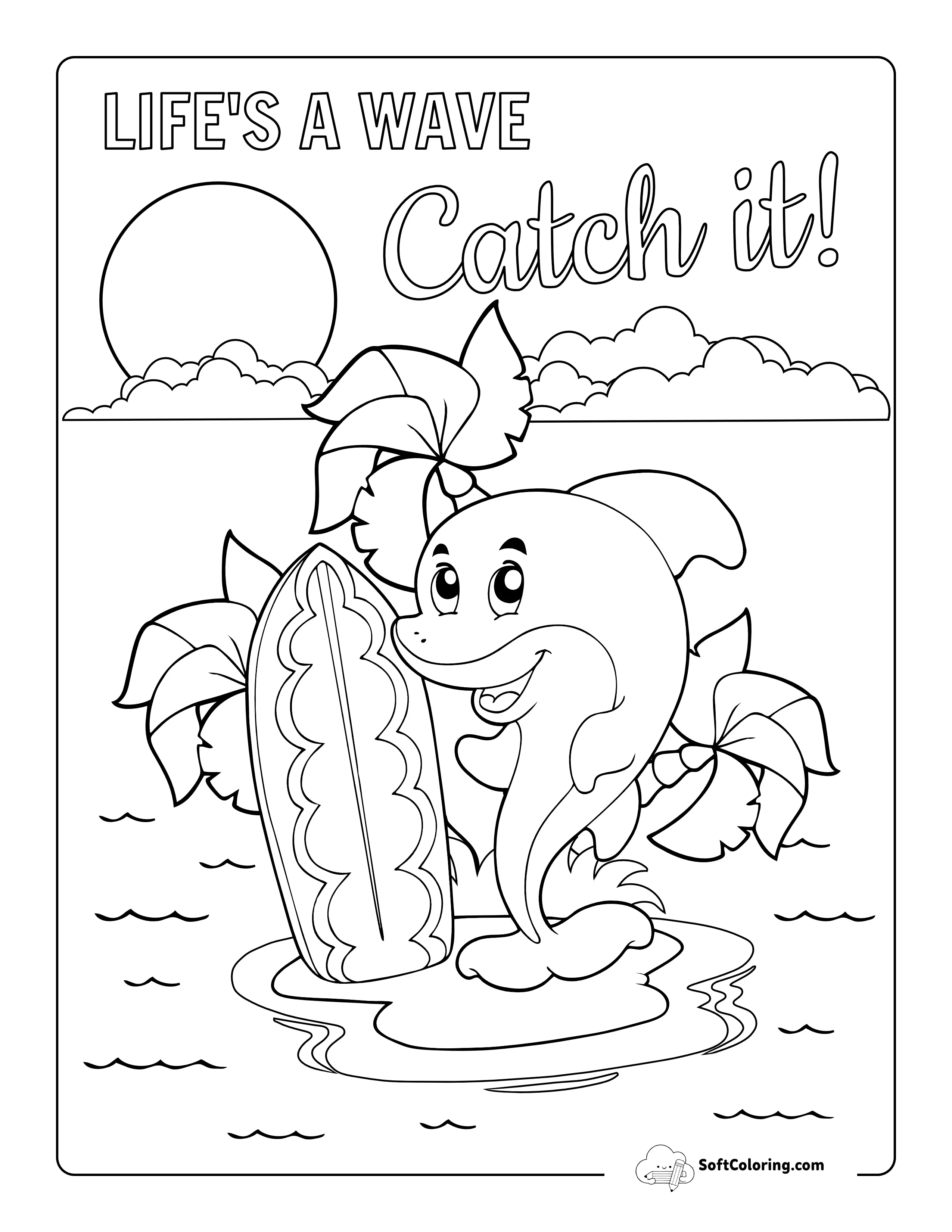 Cute Surfing Dolphin Tropical Coloring Page For Kids