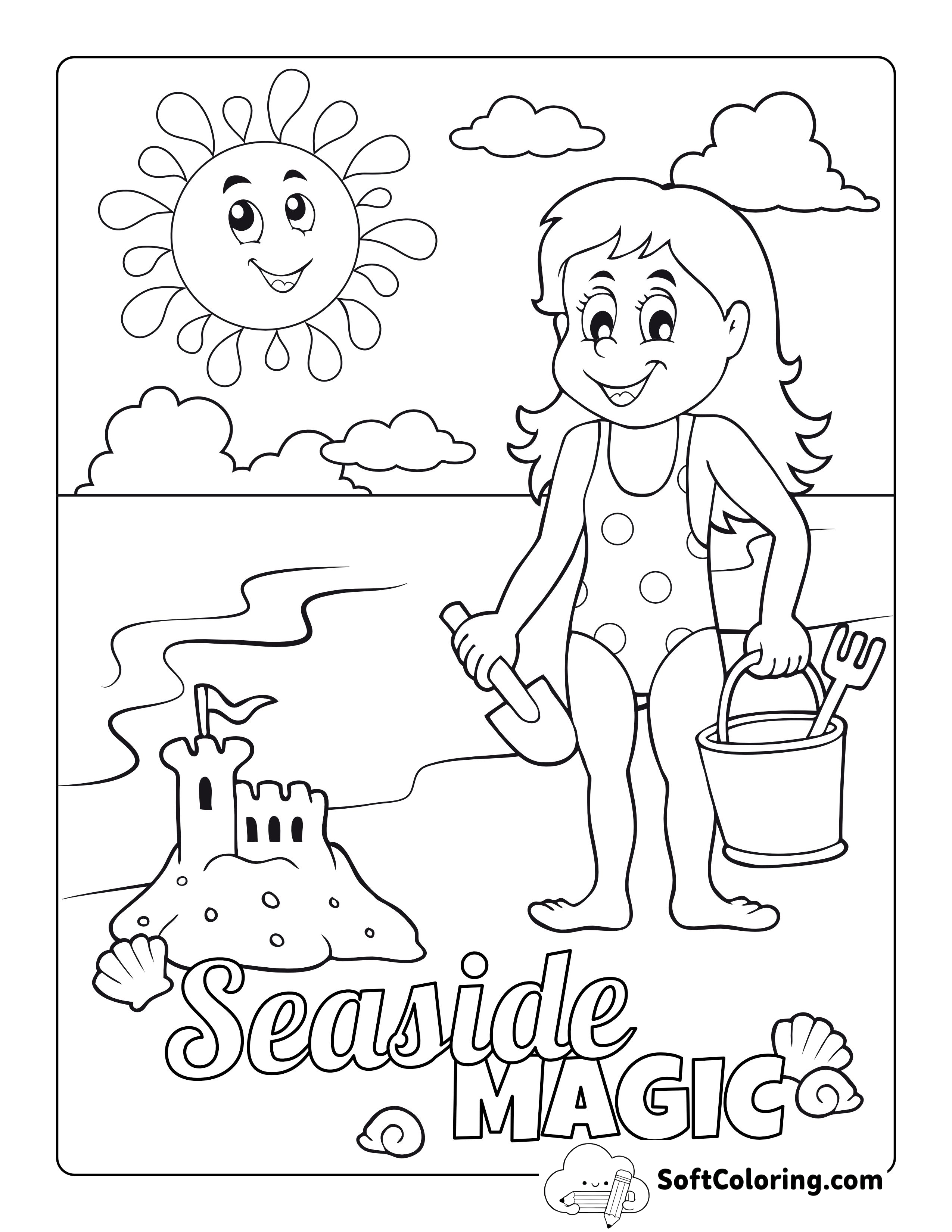 Girl Building Sandcastle Coloring Page