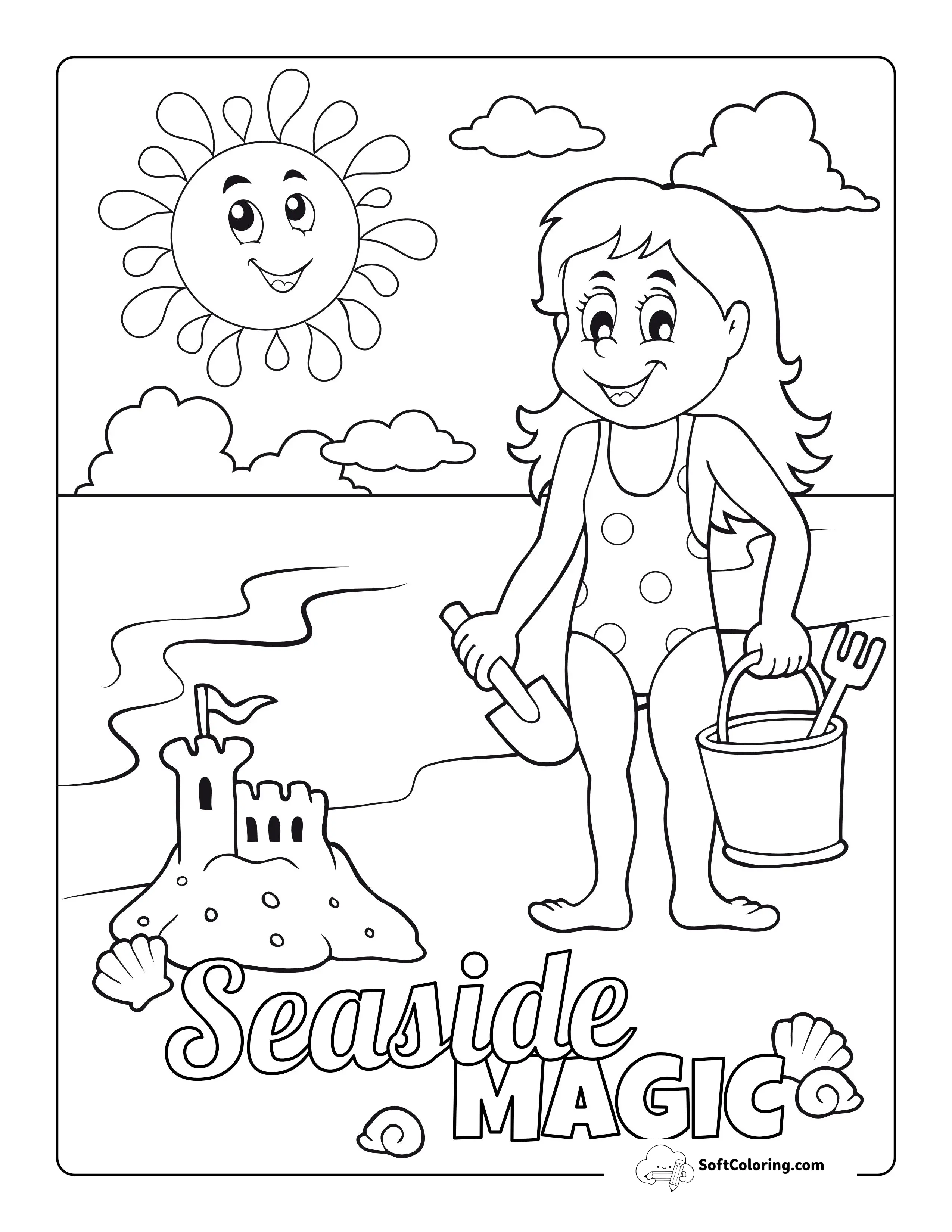 Girl Building Sandcastle Coloring Page