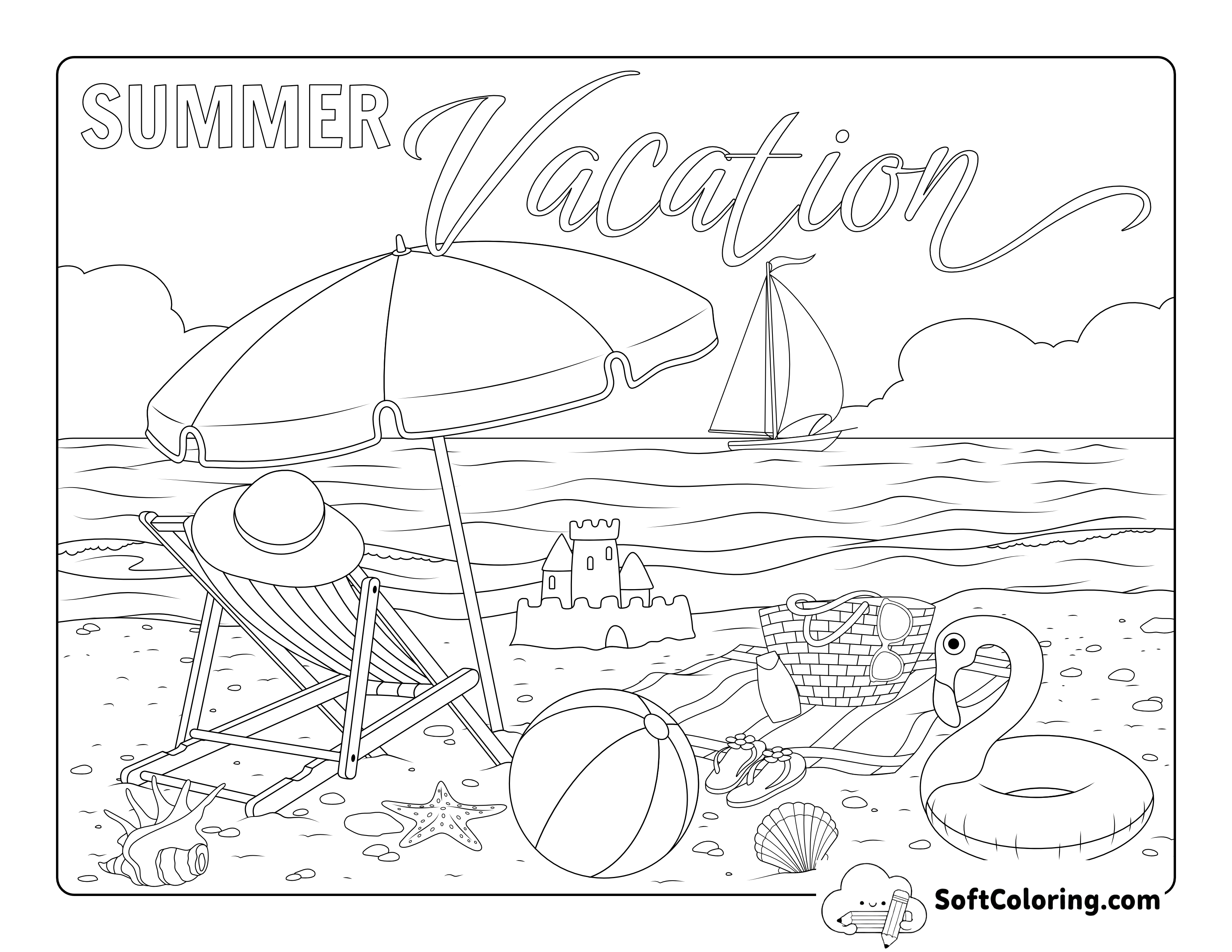 Beach Vacation Preppy Aesthetic Coloring Page