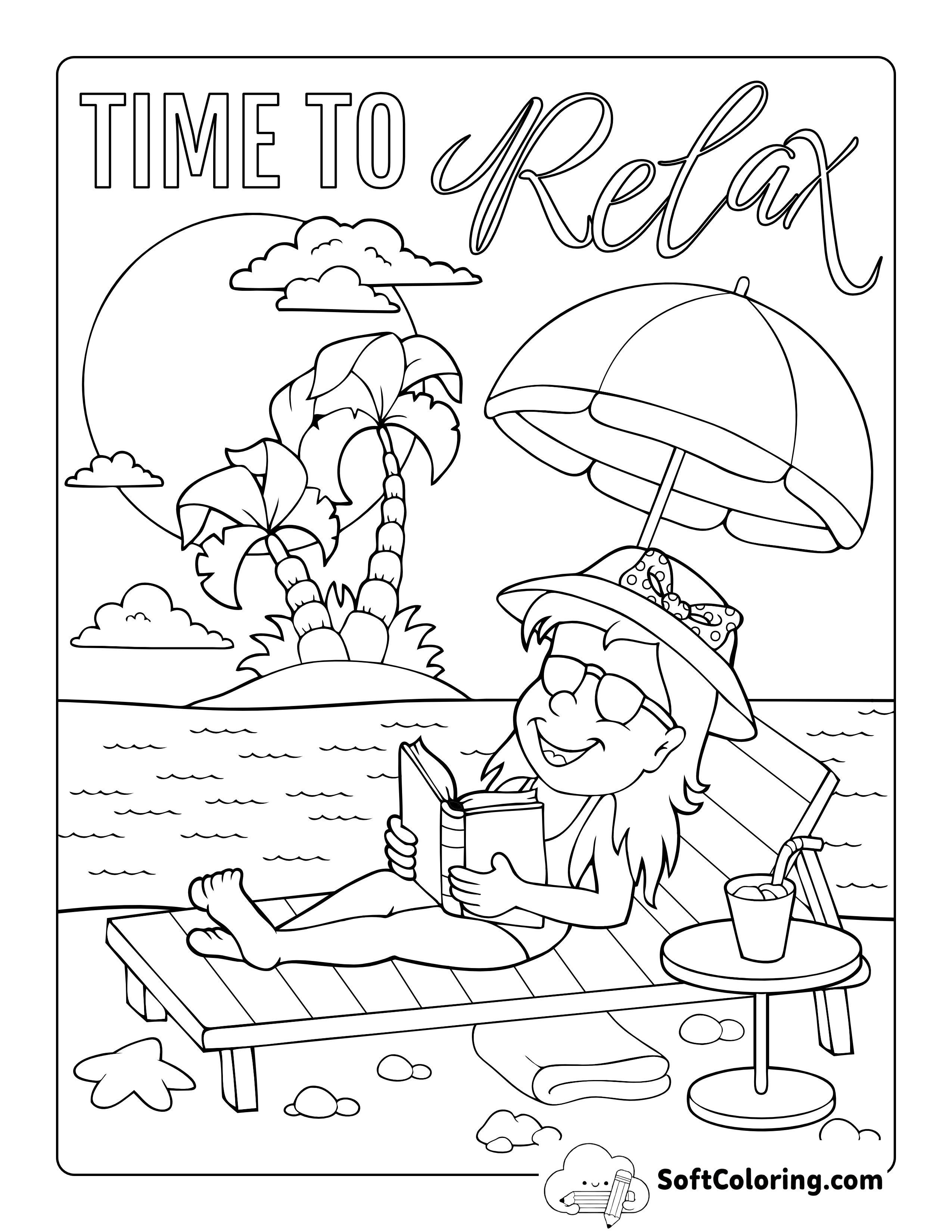 Girl Relaxing at the Beach Coloring Page