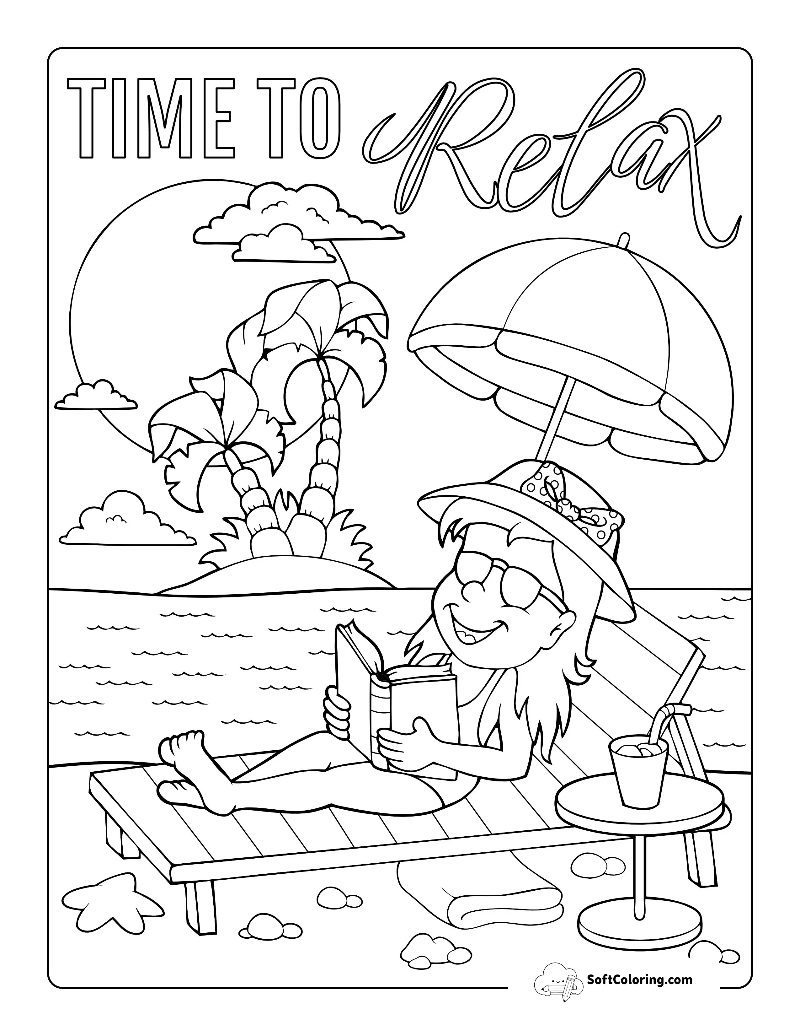 Girl Relaxing At The Beach Coloring Page