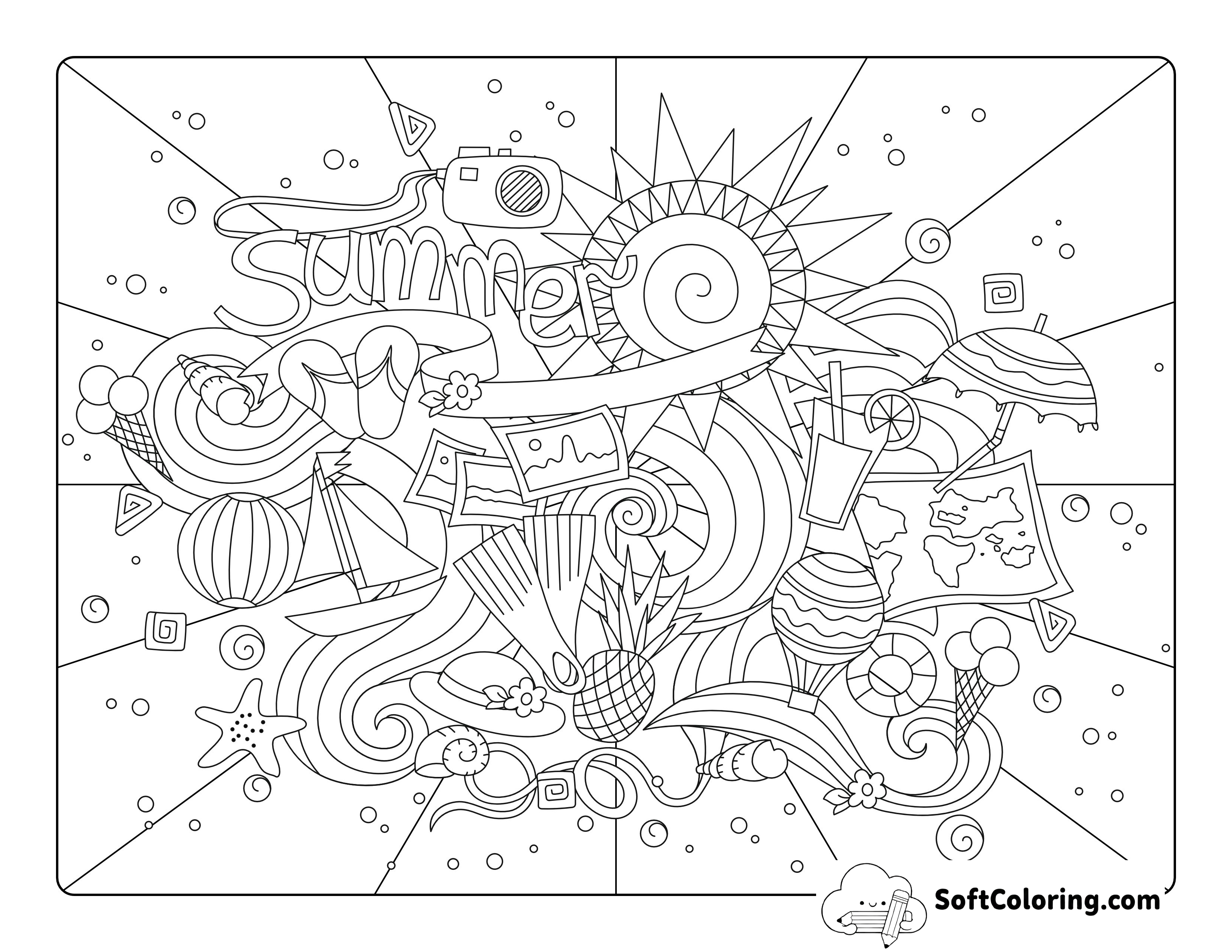 Summer Coloring Page with Ice Cream to Color In